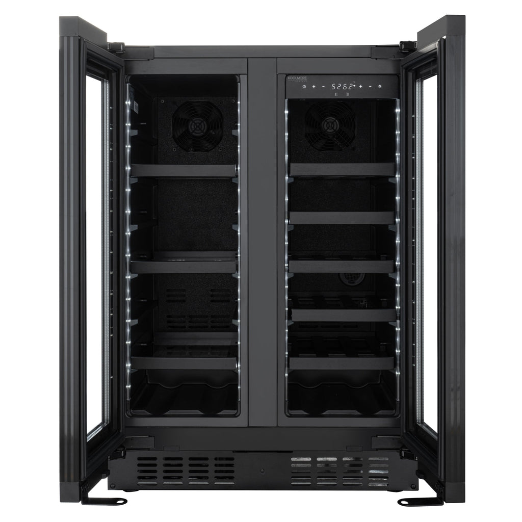 KoolMore Reserve 24 in. French Door Dual Zone Panel Ready Under-Counter Cooler with Black Shelves and 20 Bottle Capacity in the Right Zone and 2.1 Cu. Ft. on the Left in Black