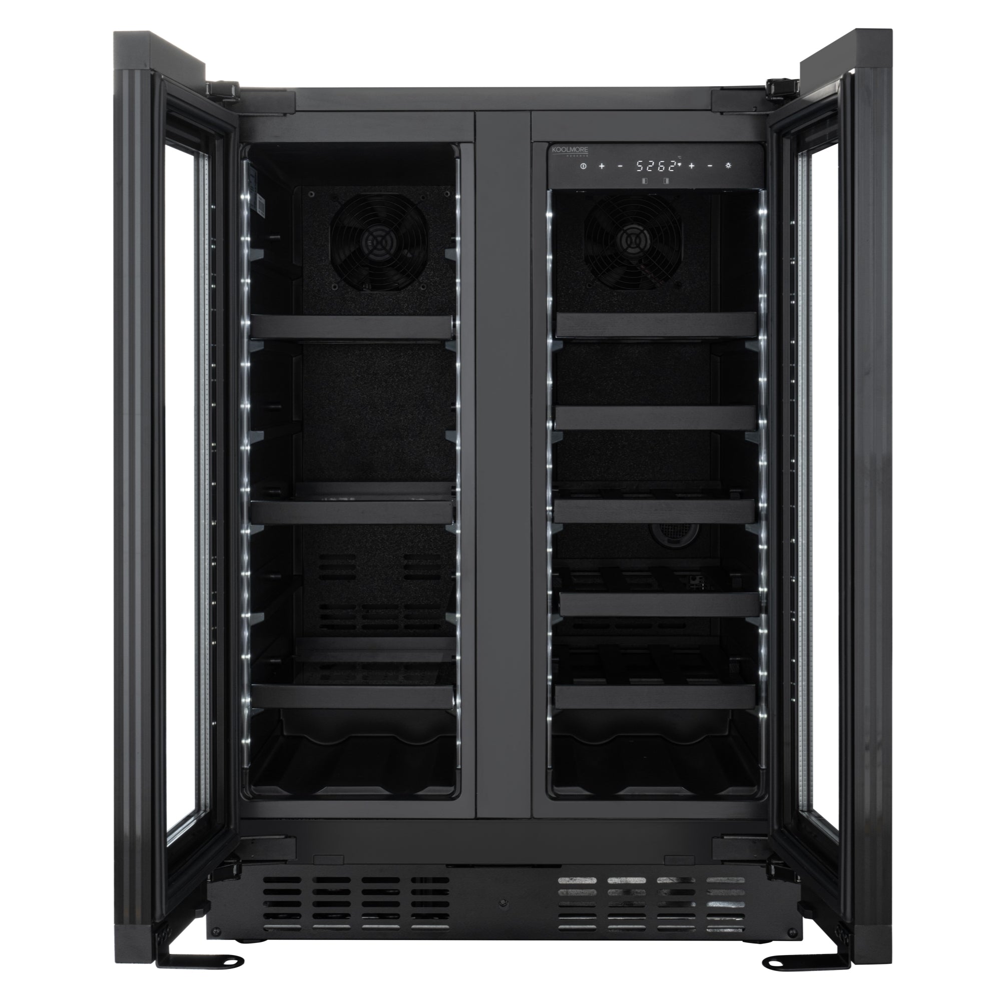 KoolMore Reserve 24 in. French Door Dual Zone Panel Ready Under-Counter Cooler with Black Shelves and 20 Bottle Capacity in the Right Zone and 2.1 Cu. Ft. on the Left in Black