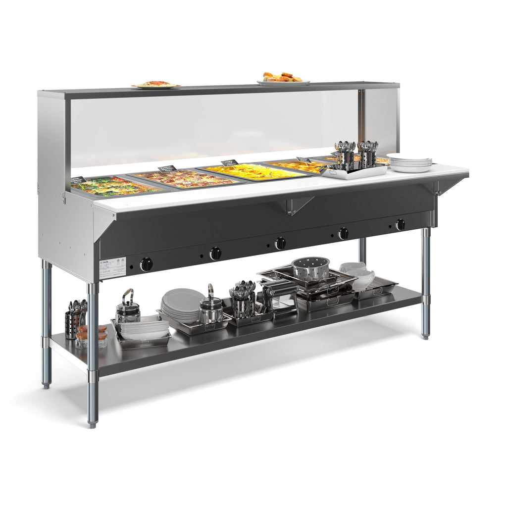 Five Pan Open Well Electric Steam Table with Undershelf and Sneeze-Guard, 240V