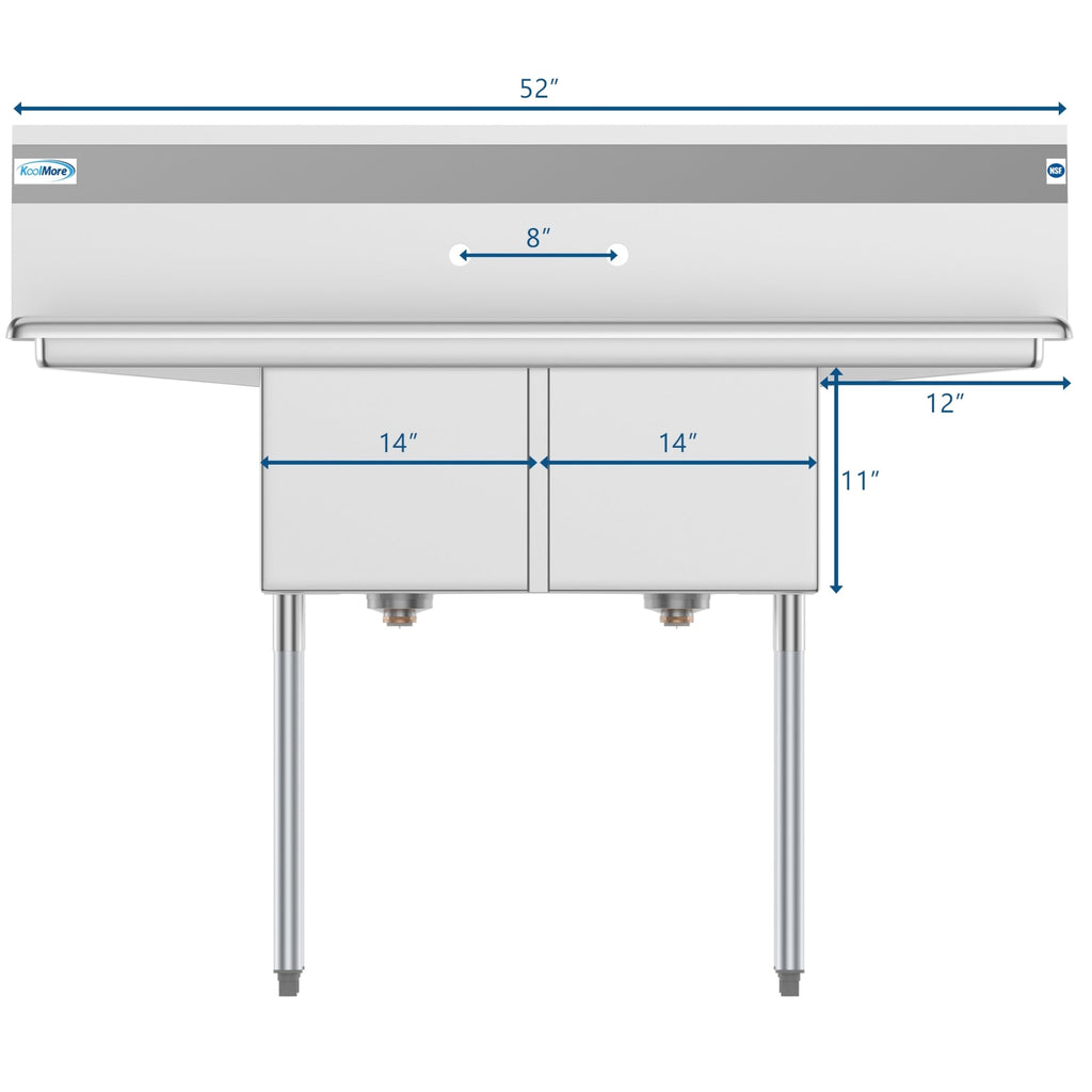 52 in. Two Compartment Stainless Steel Commercial Sink with 2 Drainboards, Bowl Size 14"x 16"x 11"