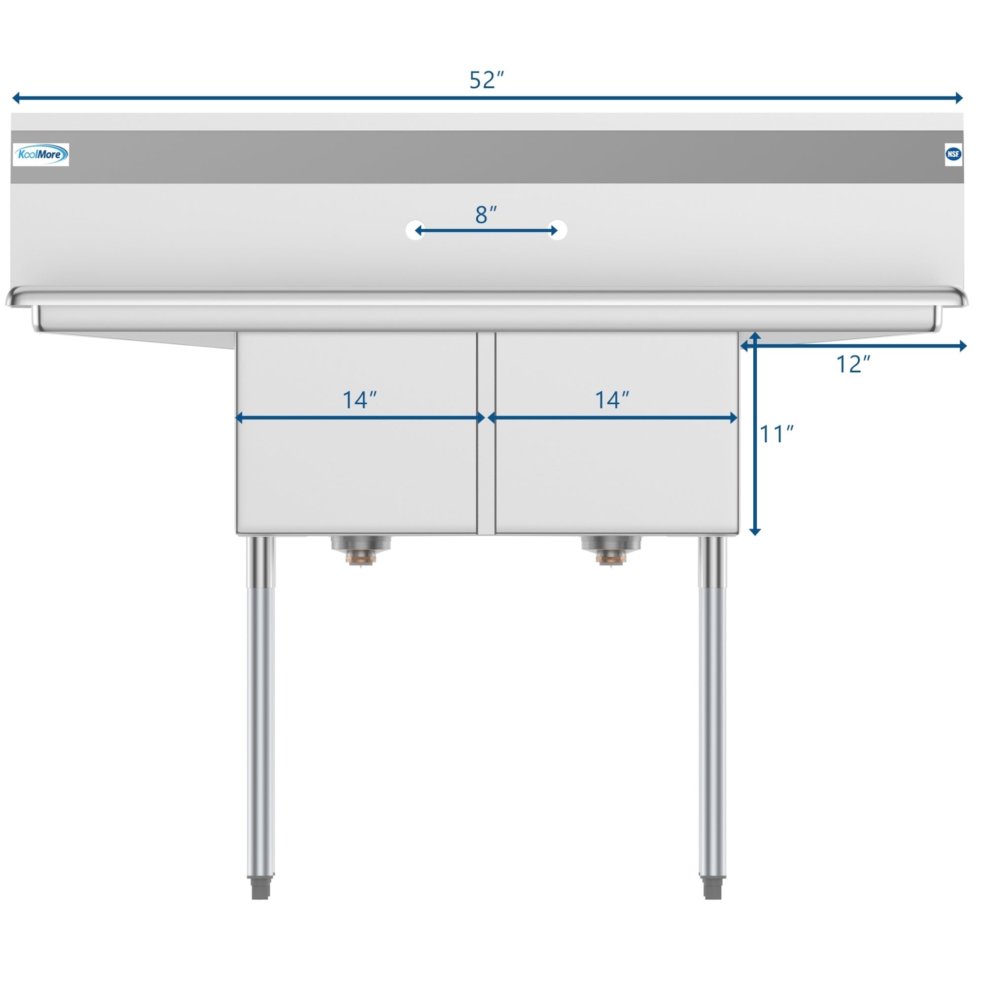 52 in. Two Compartment Stainless Steel Commercial Sink with 2 Drainboards, Bowl Size 14"x 16"x 11"