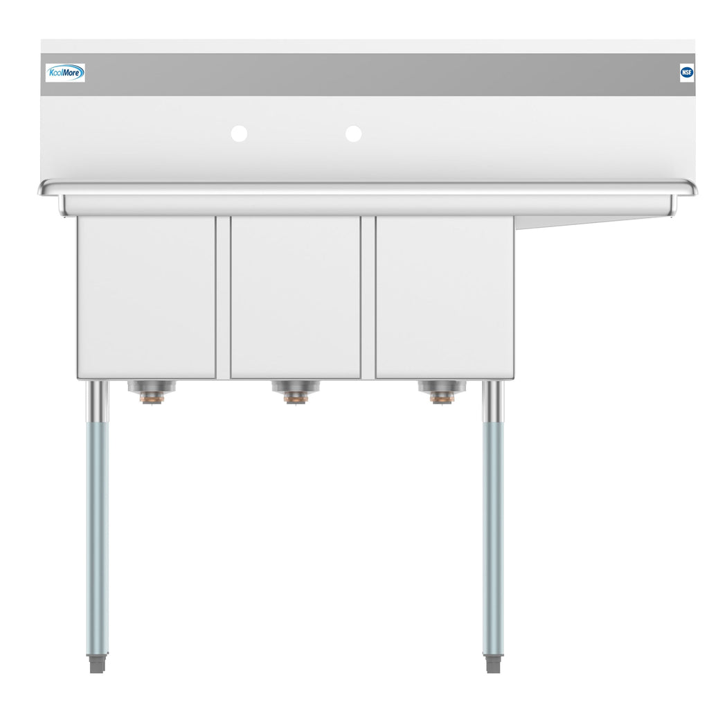 45 in. Three Compartment Stainless Steel Commercial Sink with Drainboard, Bowl Size 10"x 14"x 10"