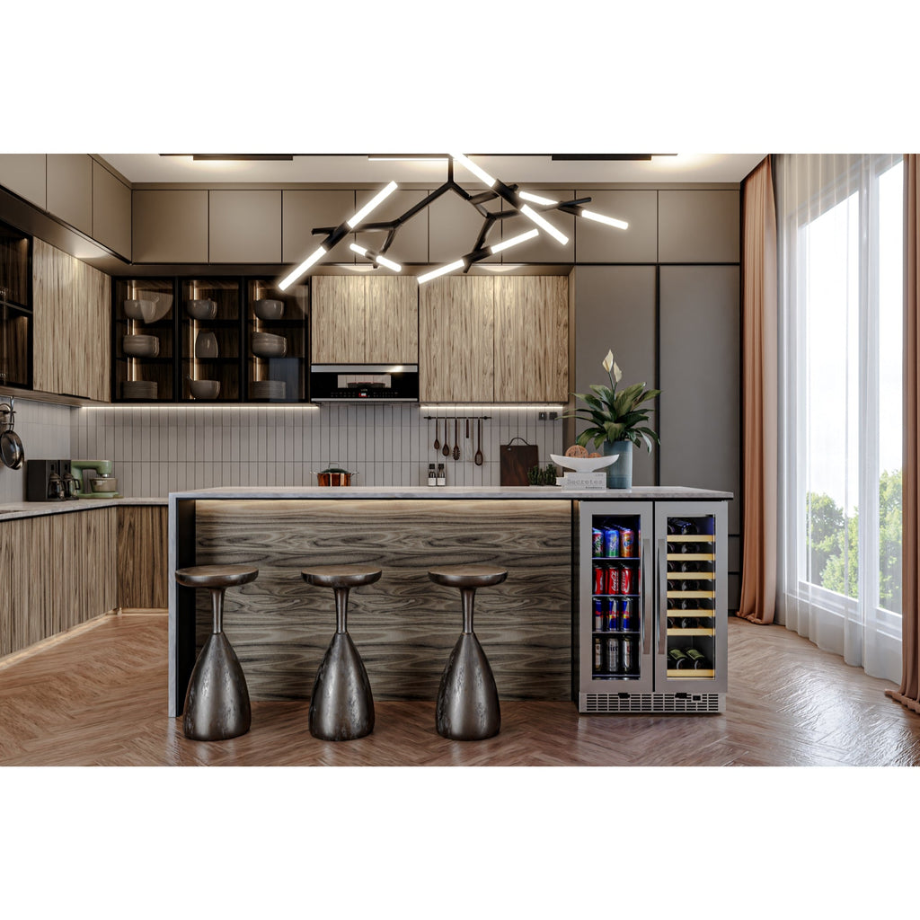 24 in. Dual Zone, Full Glass Door, 21-Bottle/60-Can Wine and Beverage Cooler, Freestanding or Built-in Unit, 4 cu ft.