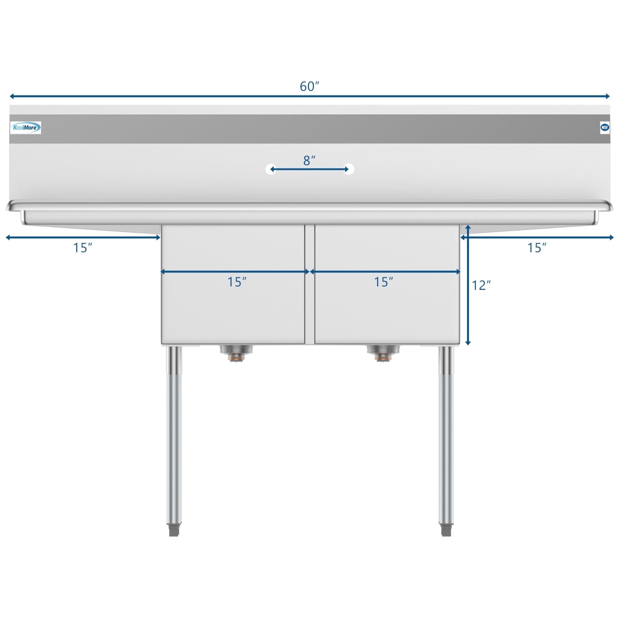 60 in. Two Compartment Stainless Steel Commercial Sink with 2 Drainboards, Bowl Size 15"x 15"x 12"