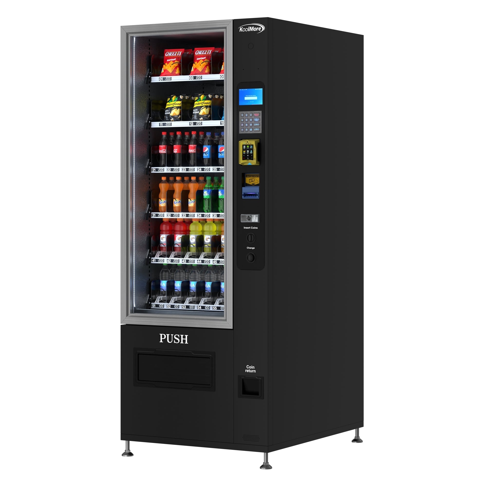 Refrigerated Snack and Drink Vending Machine with 36 Slots Featuring a Credit Card Reader and Coin/Bill Acceptor in Black