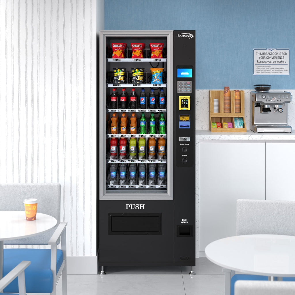 Refrigerated Snack and Drink Vending Machine with 36 Slots Featuring a Credit Card Reader and Coin/Bill Acceptor in Black