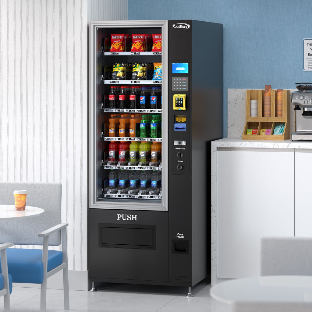 Refrigerated Snack and Drink Vending Machine with 36 Slots Featuring Credit Card Reader and Bill Acceptor in Black
