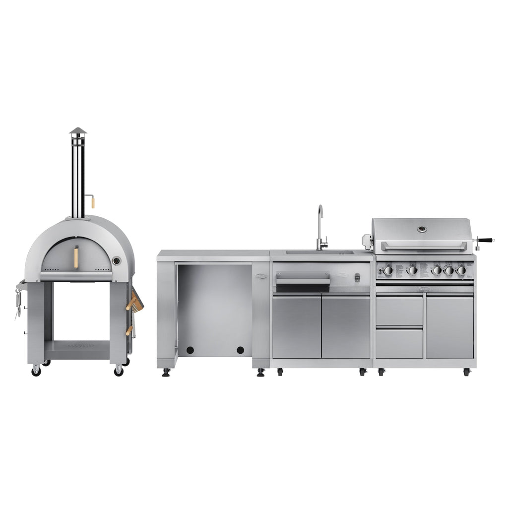 KoolMore Outdoor Kitchen Series Modular Kitchen with a Wood fire Pizza Oven, Refrigerator Cabinet, Double Refrigerator Drawers, Sink and a 30 in. BBQ Grill and Cabinet in Stainless-Steel