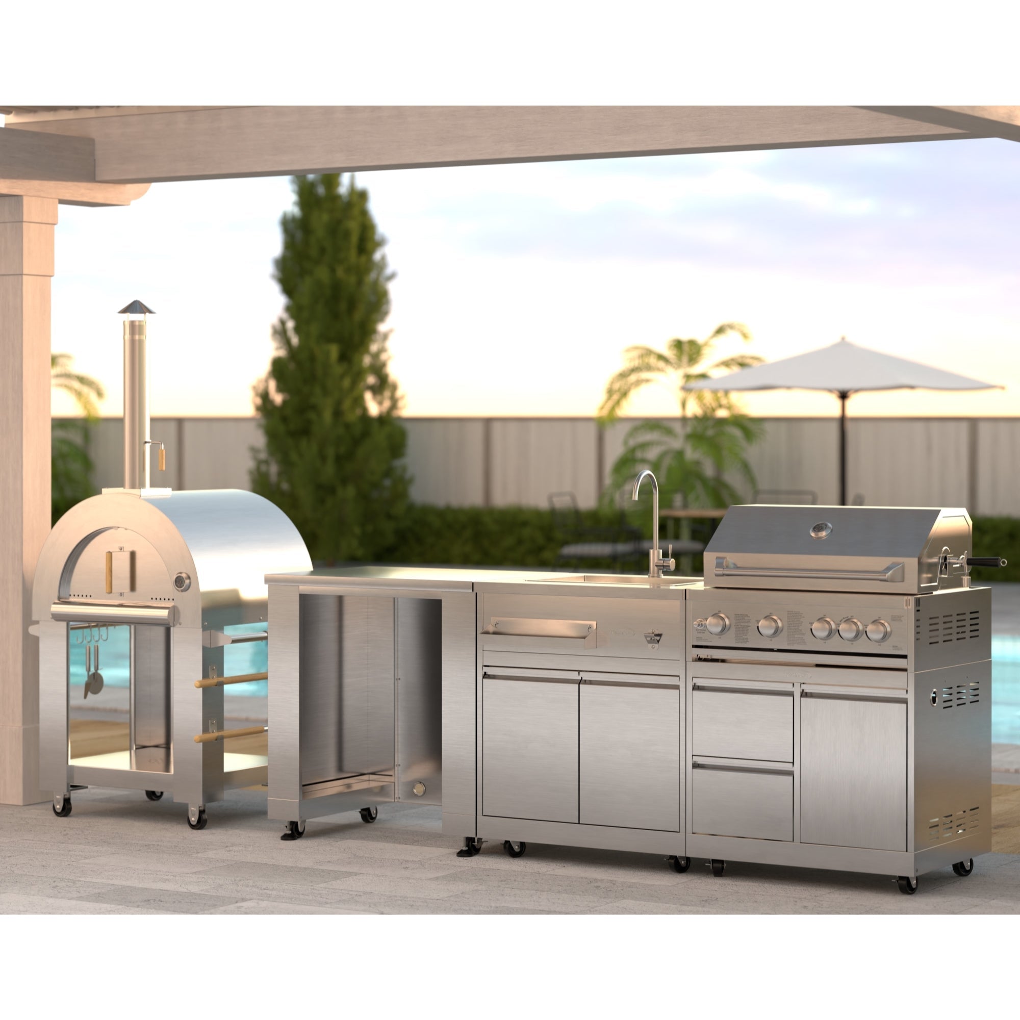 KoolMore Outdoor Kitchen Series Modular Kitchen with a Wood fire Pizza Oven, Refrigerator Cabinet, Double Refrigerator Drawers, Sink and a 30 in. BBQ Grill and Cabinet in Stainless-Steel