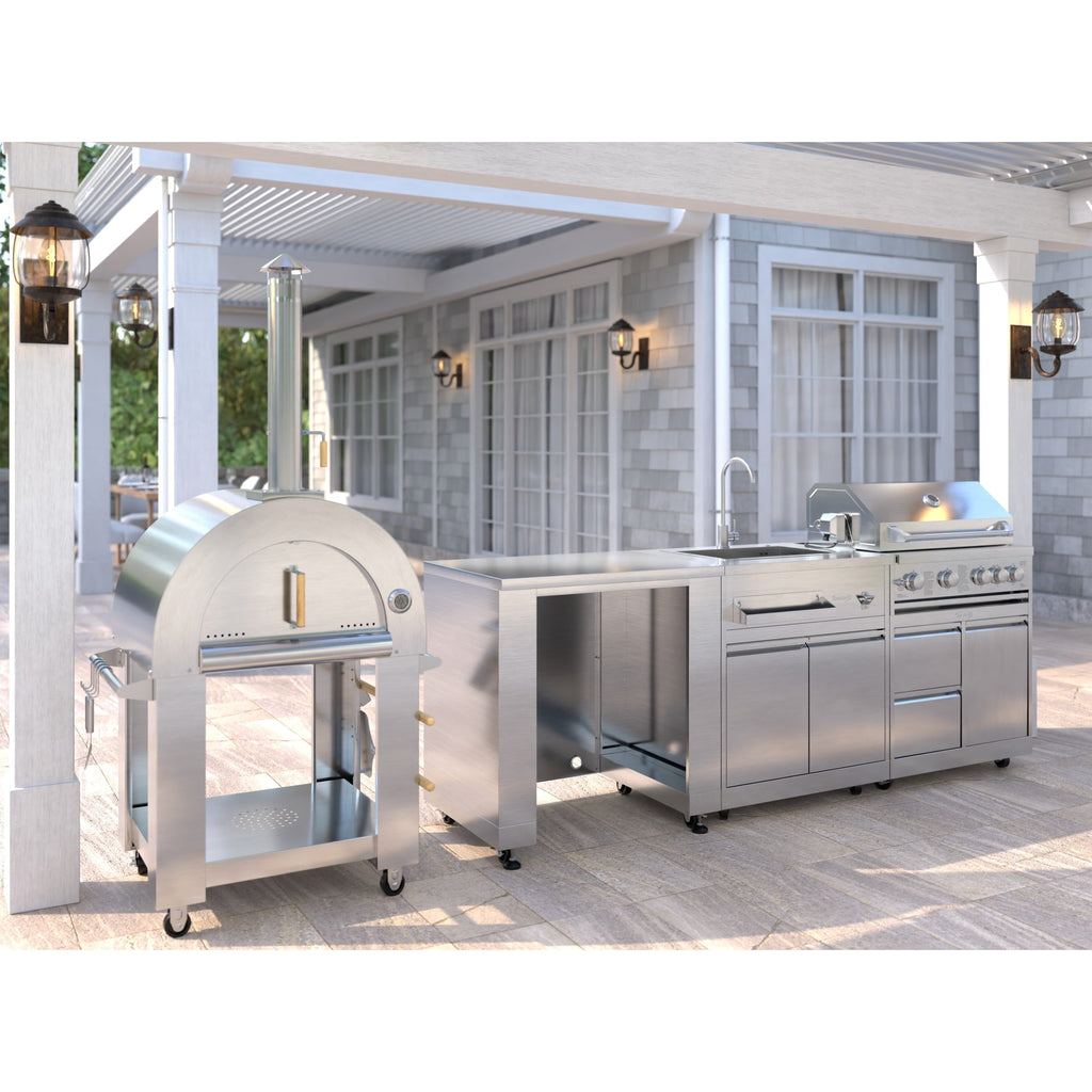 KoolMore Outdoor Kitchen Series Modular Kitchen with a Wood fire Pizza Oven, Refrigerator Cabinet, Double Refrigerator Drawers, Sink and a 30 in. BBQ Grill and Cabinet in Stainless-Steel