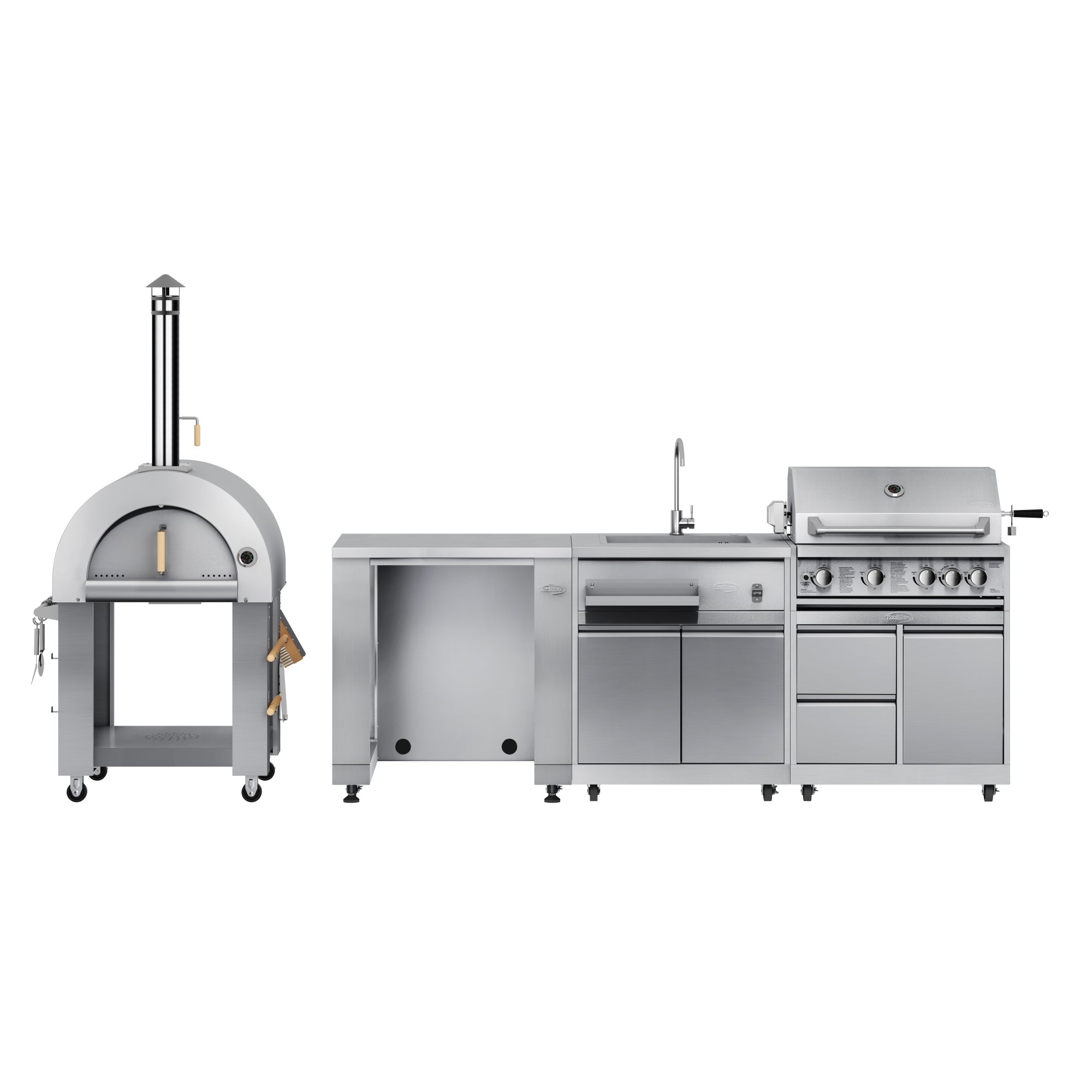 KoolMore Outdoor Kitchen Series Modular Kitchen with a Wood Fire Pizza Oven, Refrigerator Cabinet, Sink, 30 in. BBQ Grill and Grill Cabinet in Stainless-Steel