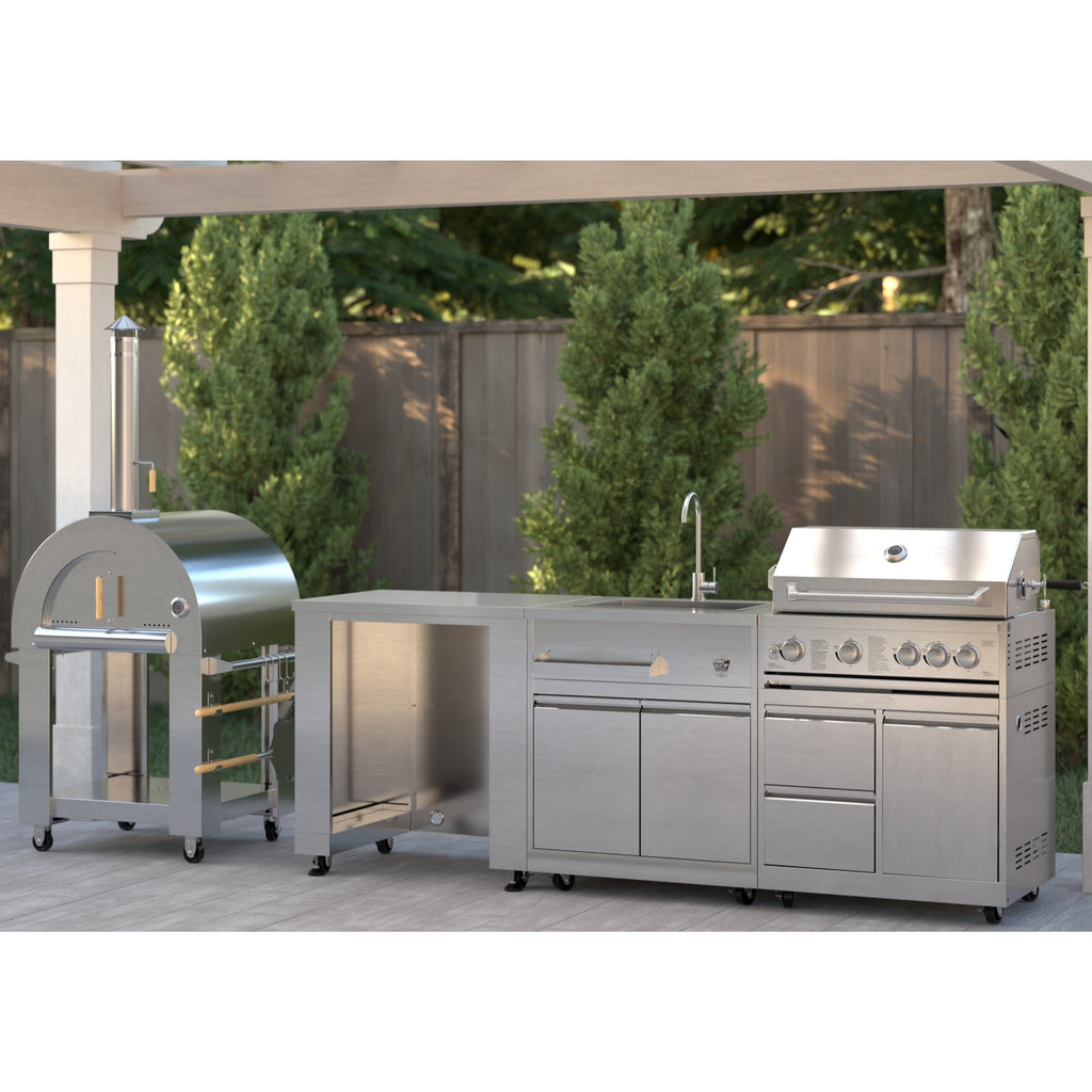 KoolMore Outdoor Kitchen Series Modular Kitchen with a Wood Fire Pizza Oven, Refrigerator Cabinet, Sink, 30 in. BBQ Grill and Grill Cabinet in Stainless-Steel