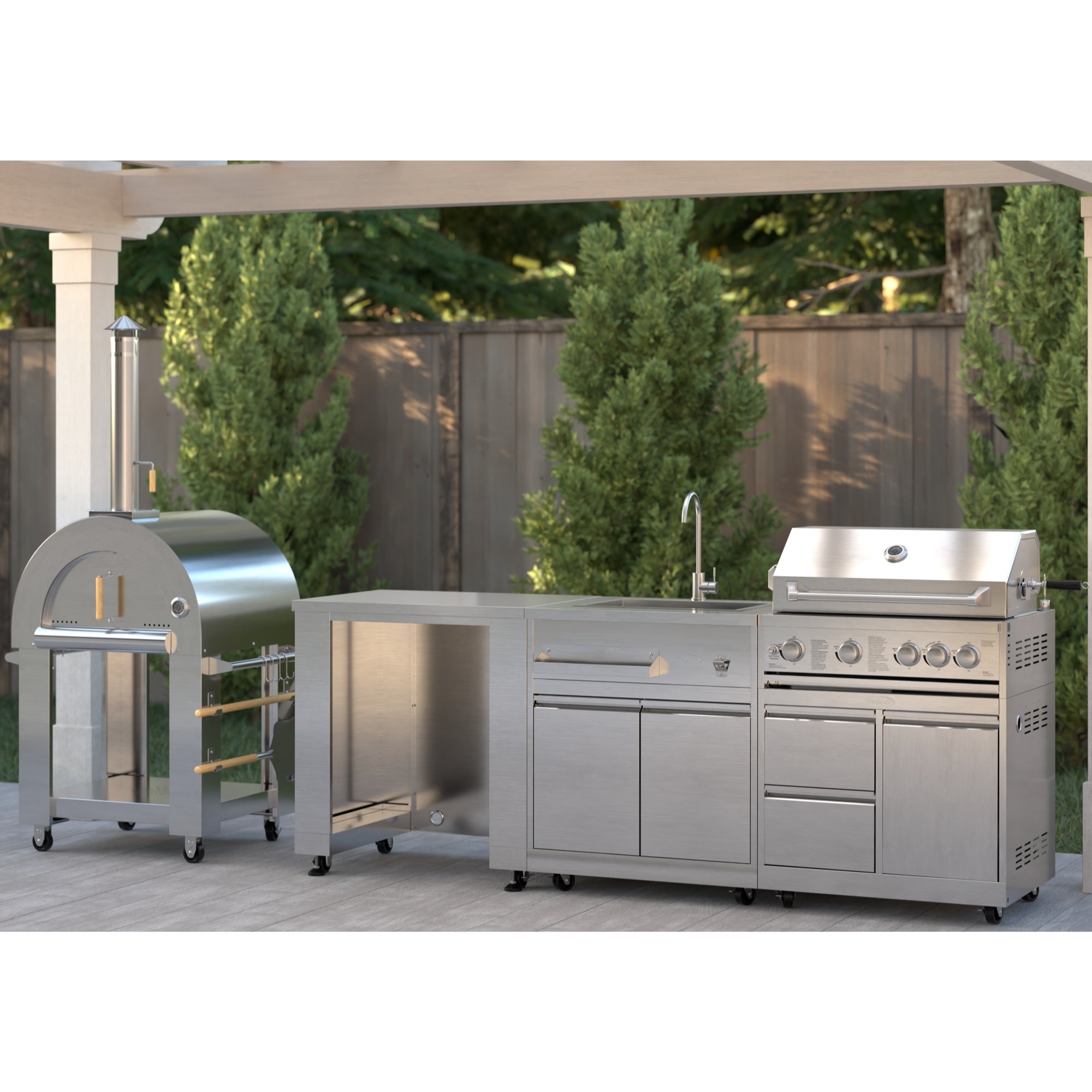 KoolMore Outdoor Kitchen Series Modular Kitchen with a Wood Fire Pizza Oven, Refrigerator Cabinet, Sink, 30 in. BBQ Grill and Grill Cabinet in Stainless-Steel