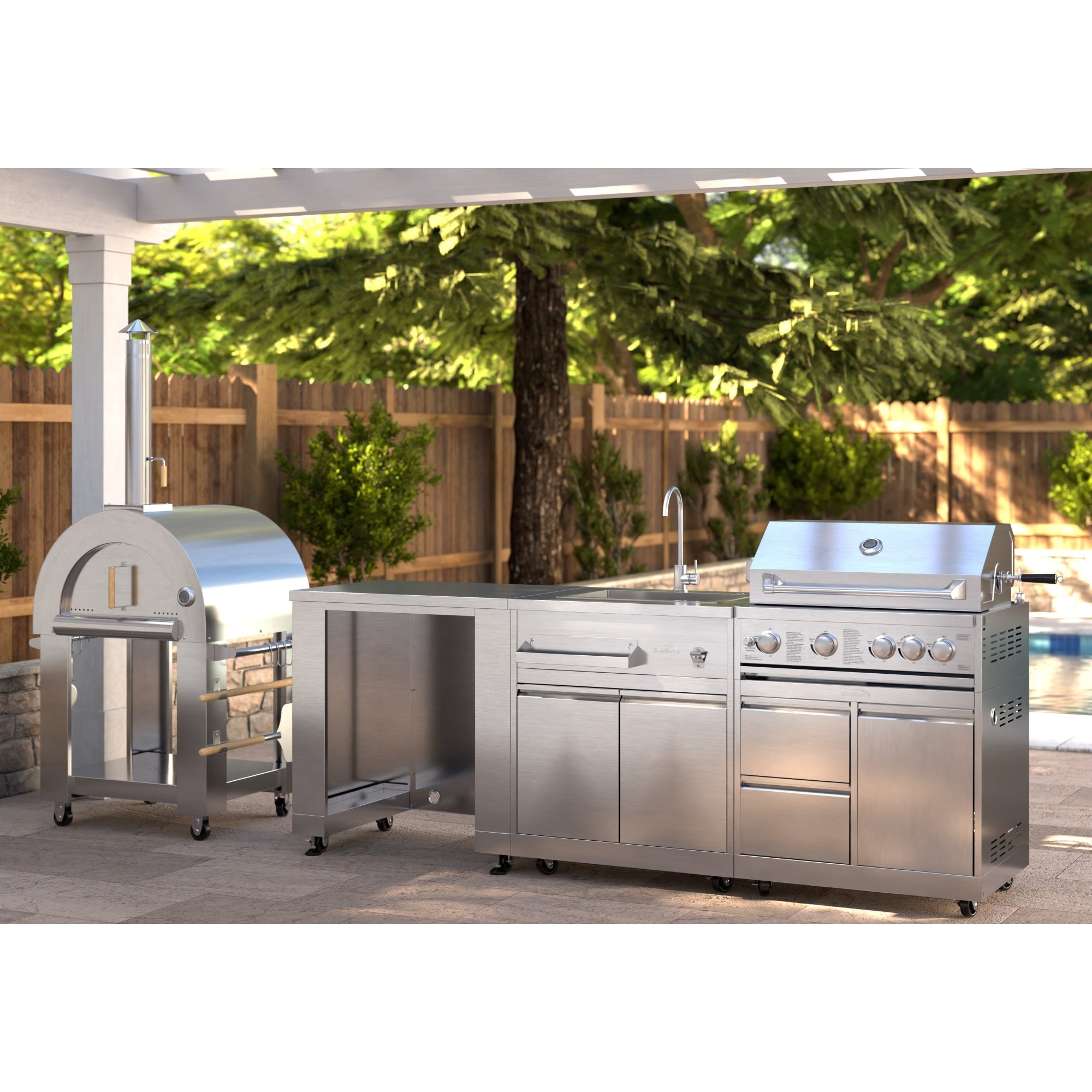 KoolMore Outdoor Kitchen Series Modular Kitchen with a Wood Fire Pizza Oven, Refrigerator Cabinet, Sink, 30 in. BBQ Grill and Grill Cabinet in Stainless-Steel