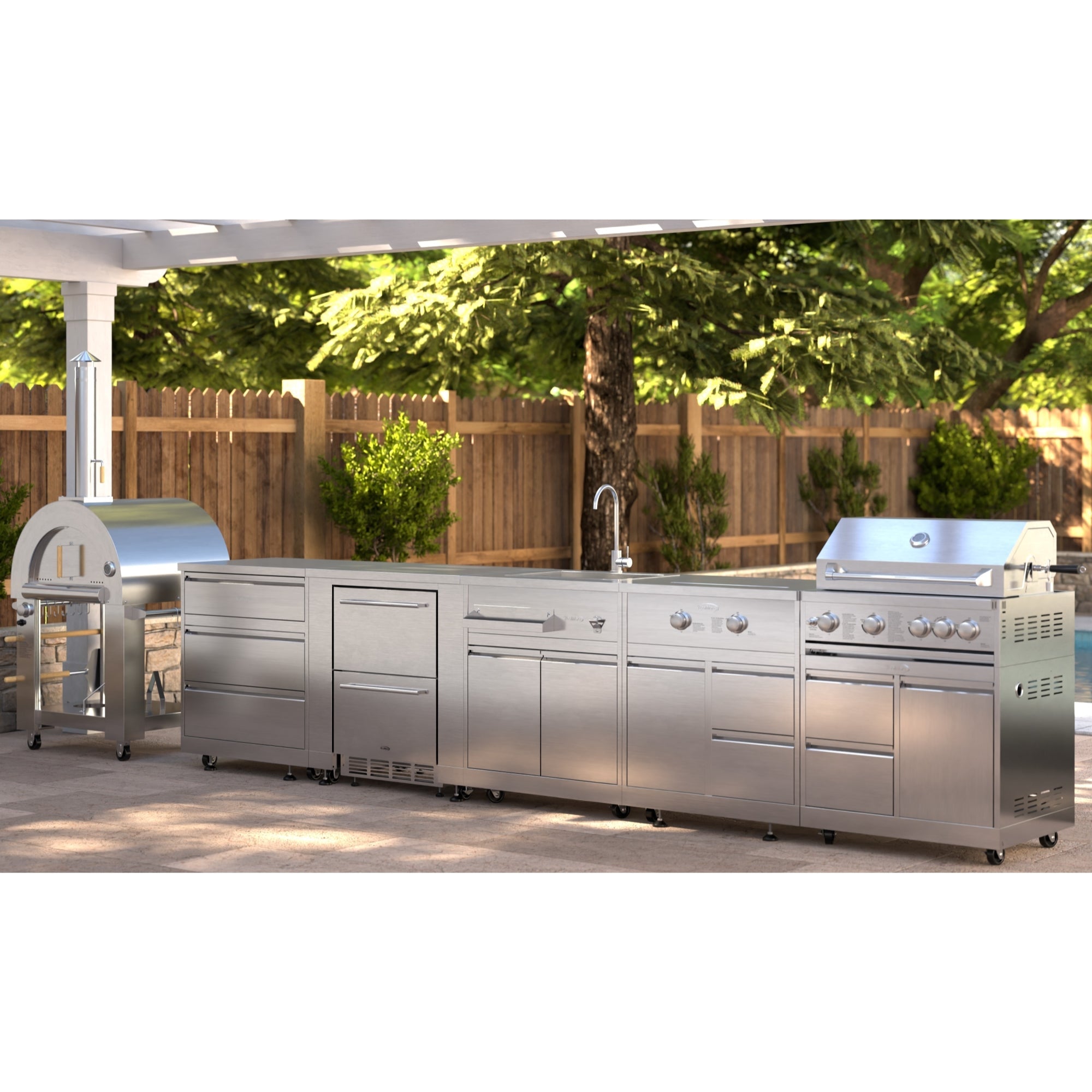 KoolMore Outdoor Kitchen Series Modular Kitchen with a Dual Fuel Pizza Oven, 3 Drawer Cabinet, Refrigerator and Cabinet, Sink, Side Burner and 30 in. BBQ Grill with Cabinet in Stainless-Steel