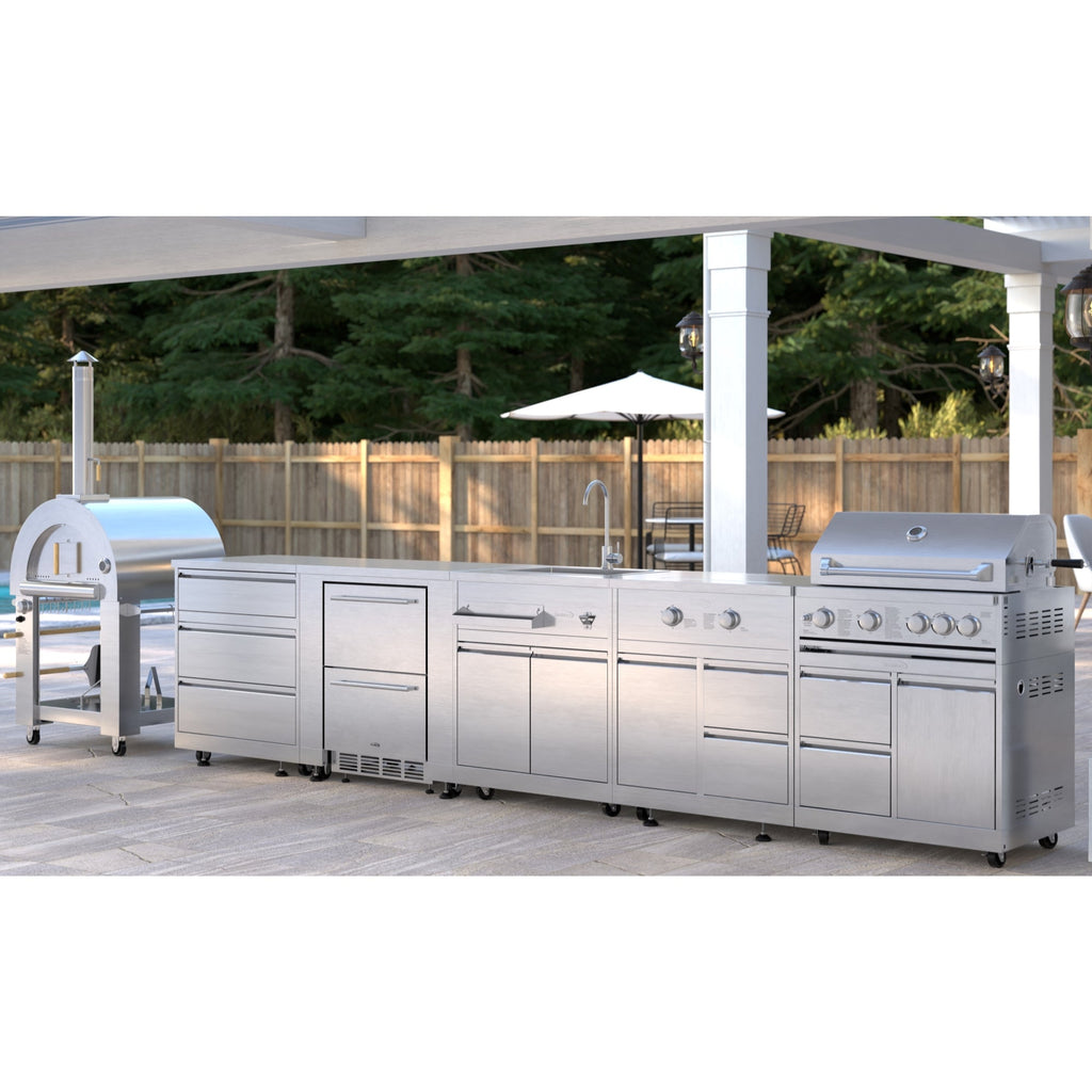 KoolMore Outdoor Kitchen Series Modular Kitchen with a Dual Fuel Pizza Oven, 3 Drawer Cabinet, Refrigerator and Cabinet, Sink, Side Burner and 30 in. BBQ Grill with Cabinet in Stainless-Steel