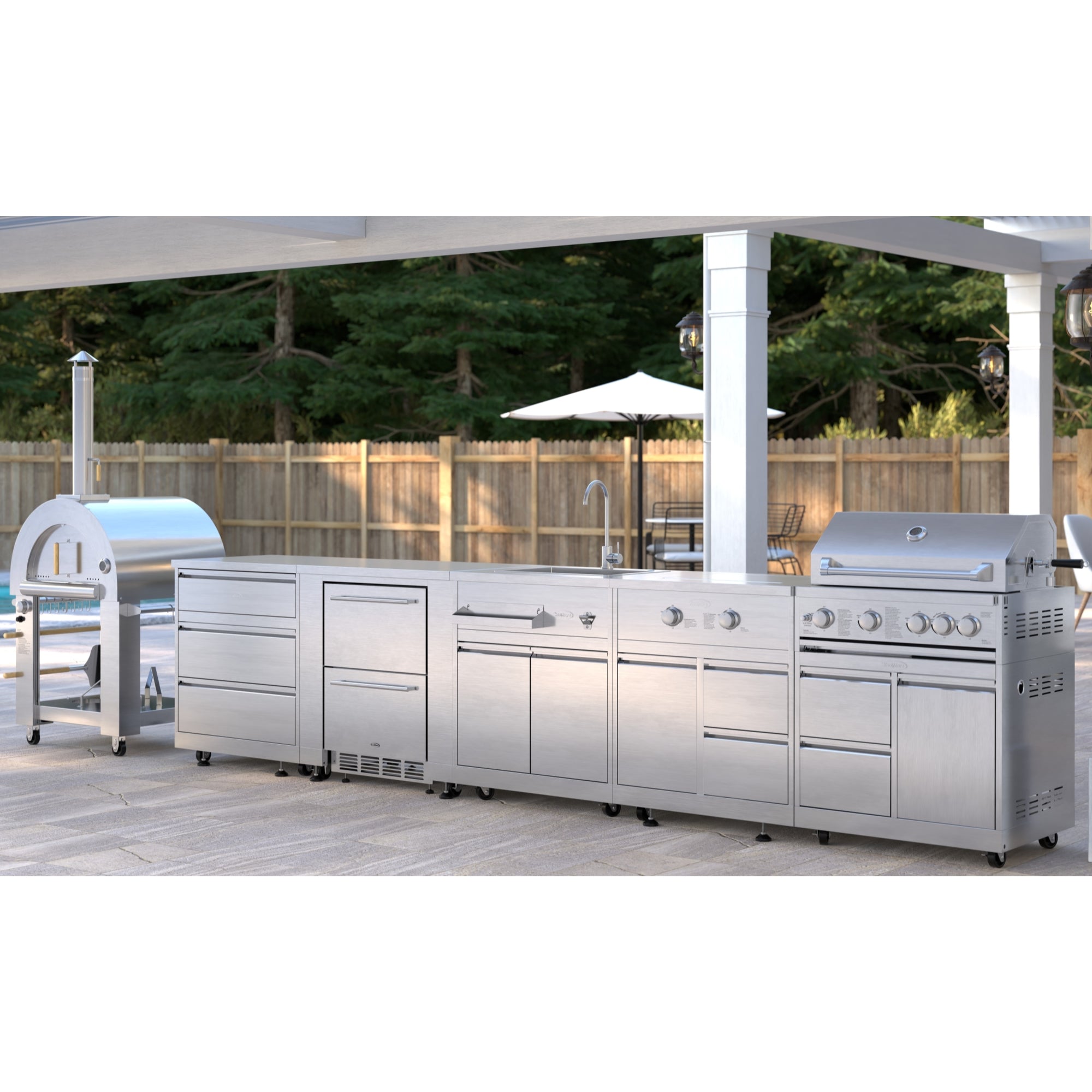 KoolMore Outdoor Kitchen Series Modular Kitchen with a Dual Fuel Pizza Oven, 3 Drawer Cabinet, Refrigerator and Cabinet, Sink, Side Burner and 30 in. BBQ Grill with Cabinet in Stainless-Steel