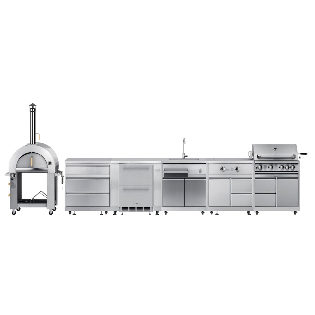 KoolMore Outdoor Kitchen Series Modular Kitchen with a Dual Fuel Pizza Oven, 3 Drawer Cabinet, Refrigerator and Cabinet, Sink, Side Burner and 30 in. BBQ Grill with Cabinet in Stainless-Steel