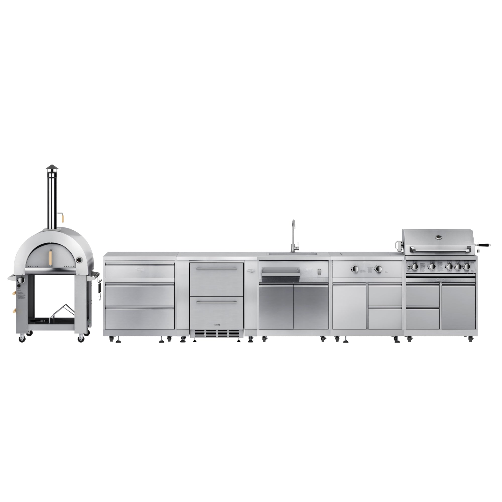 KoolMore Outdoor Kitchen Series Modular Kitchen with a Dual Fuel Pizza Oven, 3 Drawer Cabinet, Refrigerator and Cabinet, Sink, Side Burner and 30 in. BBQ Grill with Cabinet in Stainless-Steel