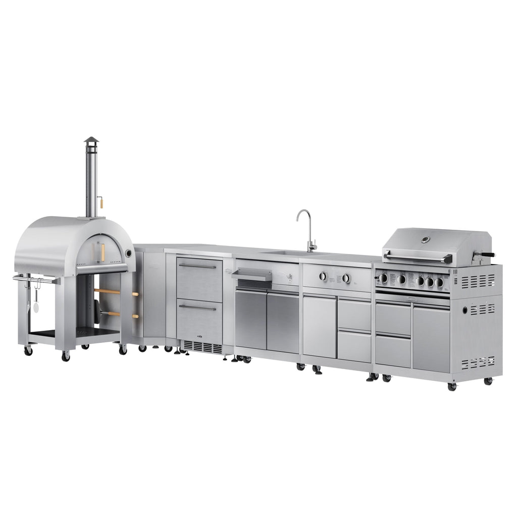KoolMore Outdoor Kitchen Series Modular Kitchen with a Wood Fire Pizza Oven, Corner Cabinet, Refrigerator and Cabinet, Sink, Side Burner and 30 in. BBQ Grill with Cabinet in Stainless-Steel