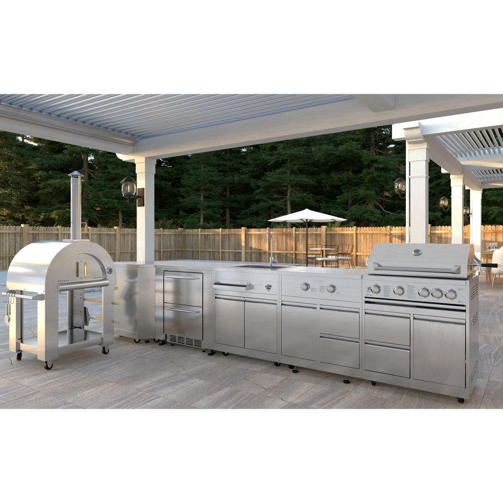 KoolMore Outdoor Kitchen Series Modular Kitchen with a Wood Fire Pizza Oven, Corner Cabinet, Refrigerator and Cabinet, Sink, Side Burner and 30 in. BBQ Grill with Cabinet in Stainless-Steel