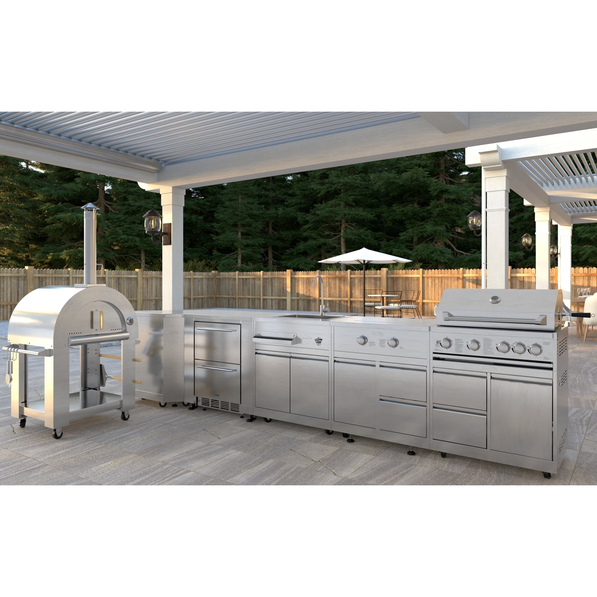 KoolMore Outdoor Kitchen Series Modular Kitchen with a Wood Fire Pizza Oven, Corner Cabinet, Refrigerator and Cabinet, Sink, Side Burner and 30 in. BBQ Grill with Cabinet in Stainless-Steel