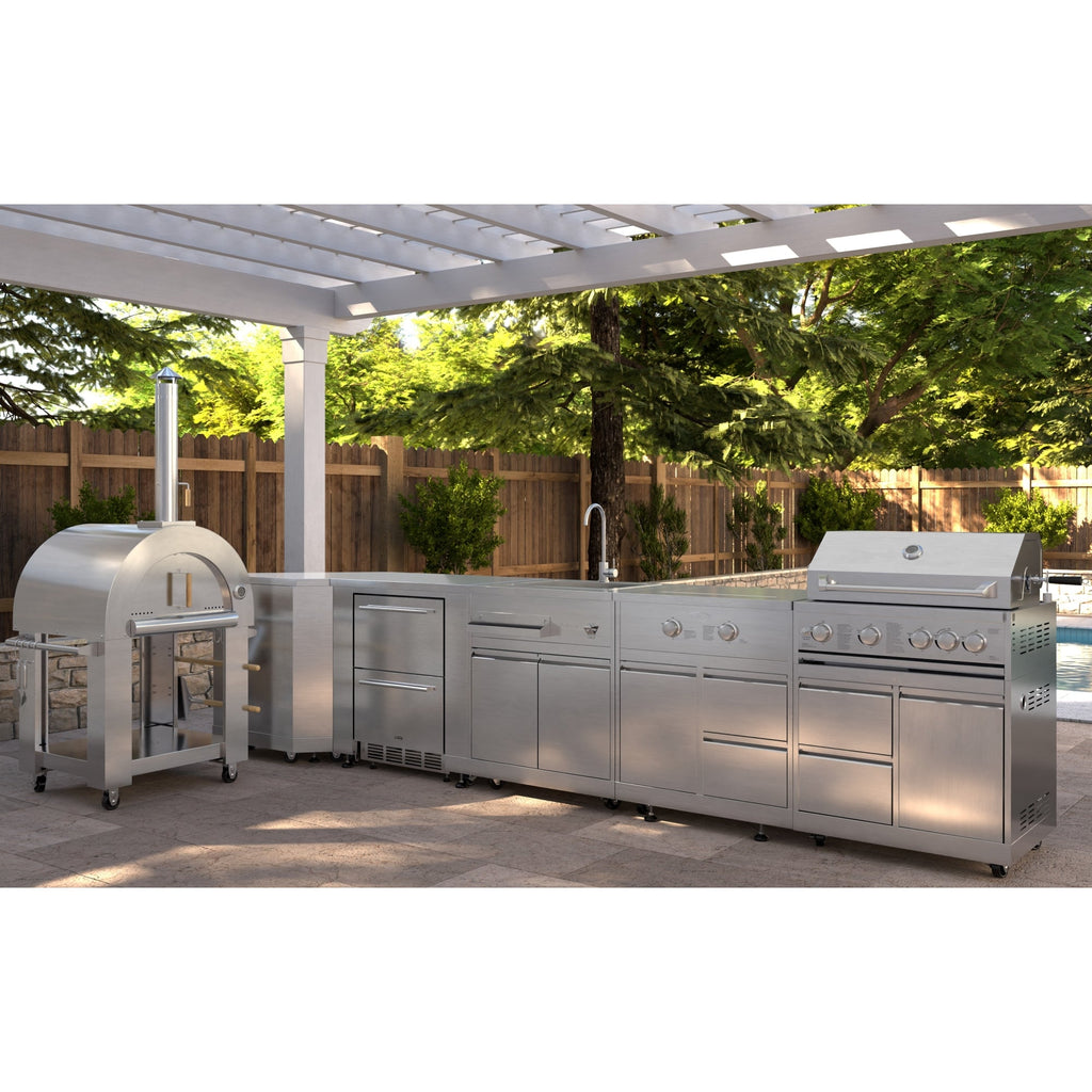 KoolMore Outdoor Kitchen Series Modular Kitchen with a Wood Fire Pizza Oven, Corner Cabinet, Refrigerator and Cabinet, Sink, Side Burner and 30 in. BBQ Grill with Cabinet in Stainless-Steel