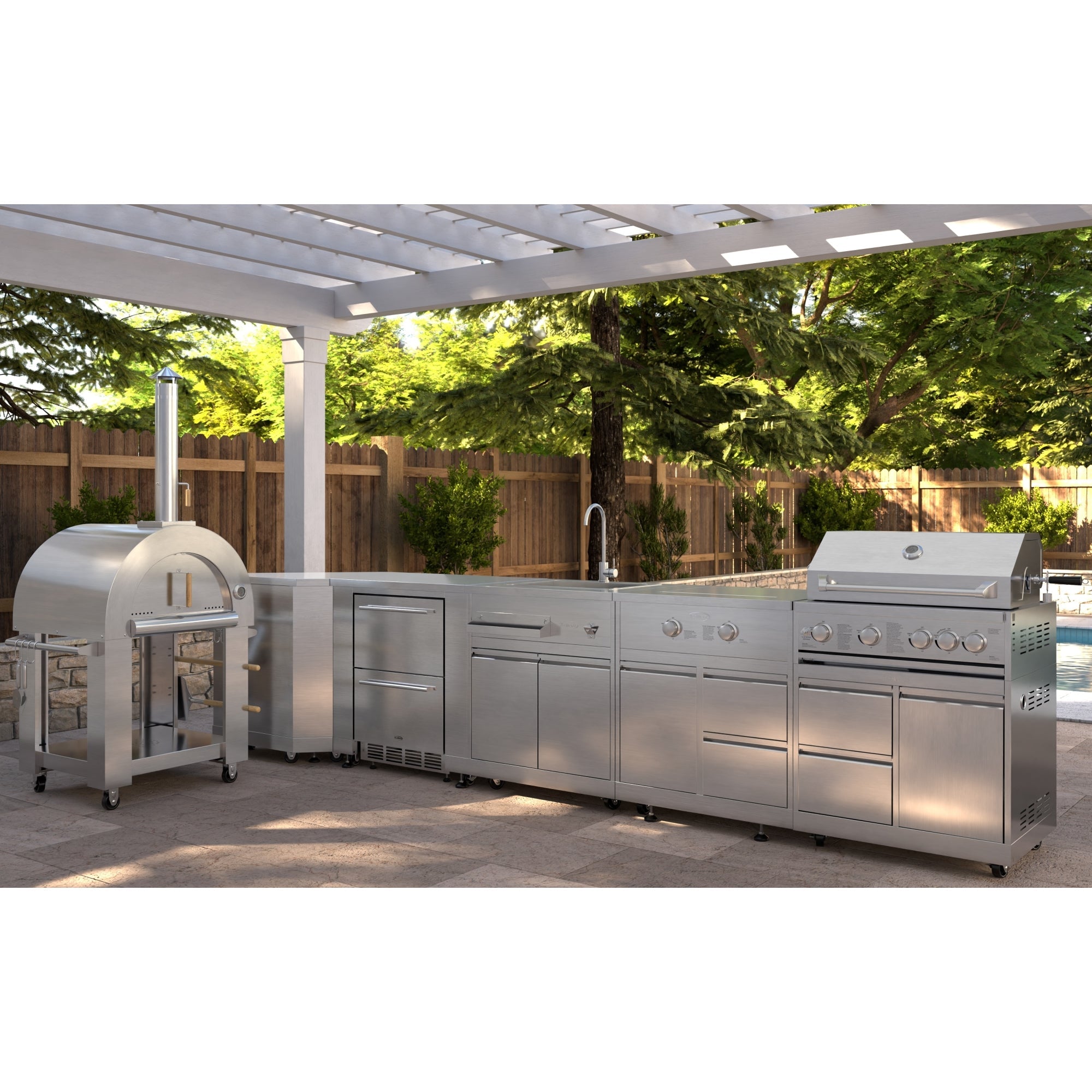 KoolMore Outdoor Kitchen Series Modular Kitchen with a Wood Fire Pizza Oven, Corner Cabinet, Refrigerator and Cabinet, Sink, Side Burner and 30 in. BBQ Grill with Cabinet in Stainless-Steel
