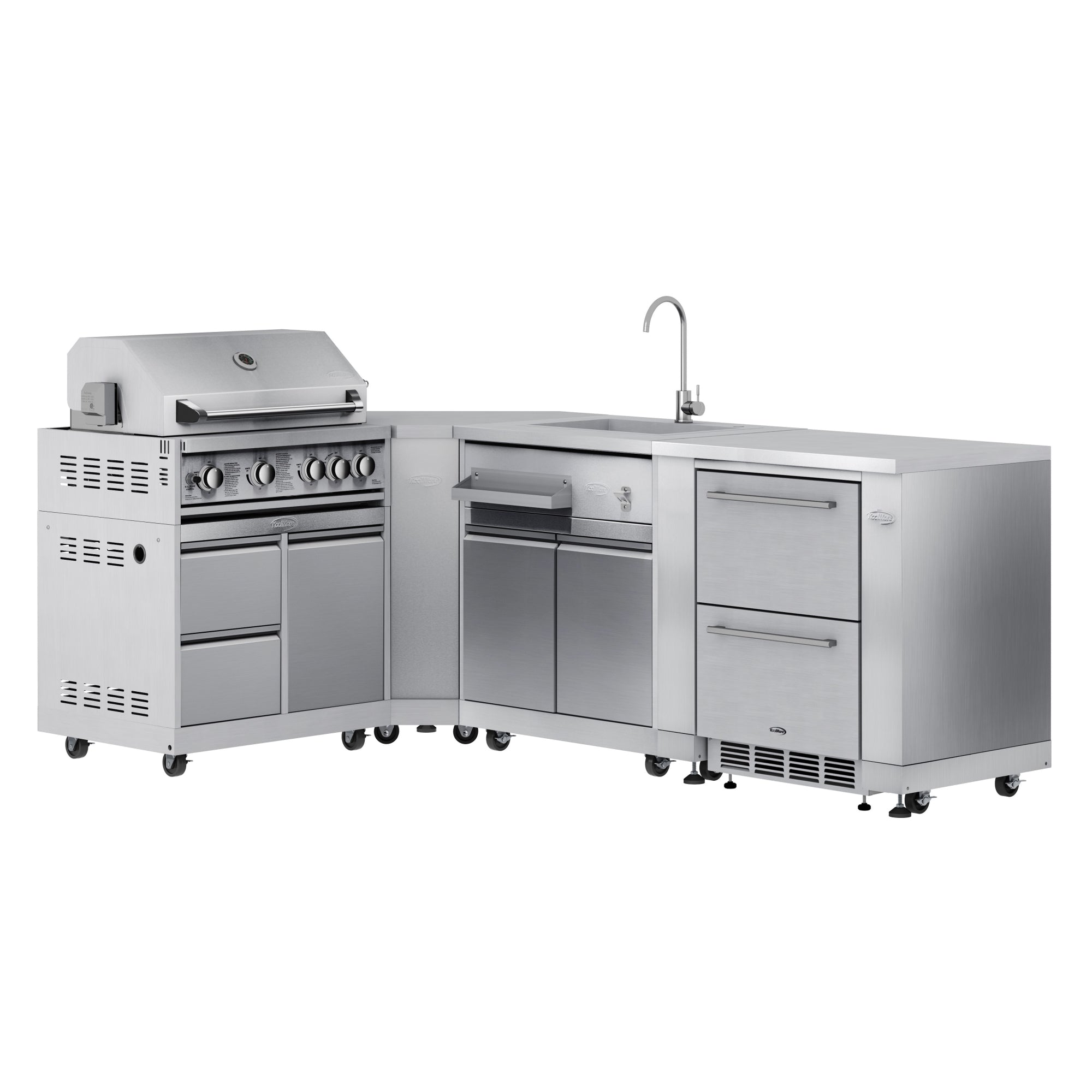 KoolMore Outdoor Kitchen Series Modular Kitchen with a 30 in. BBQ Grill And Grill Cabinet, Corner Cabinet, Sink, Refrigerator and Cabinet in Stainless-Steel