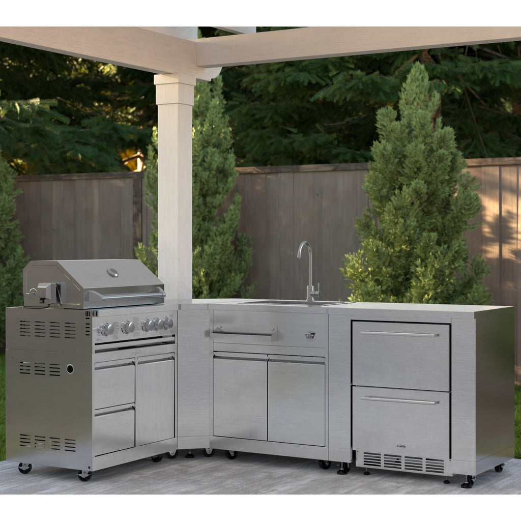 KoolMore Outdoor Kitchen Series Modular Kitchen with a 30 in. BBQ Grill And Grill Cabinet, Corner Cabinet, Sink, Refrigerator and Cabinet in Stainless-Steel