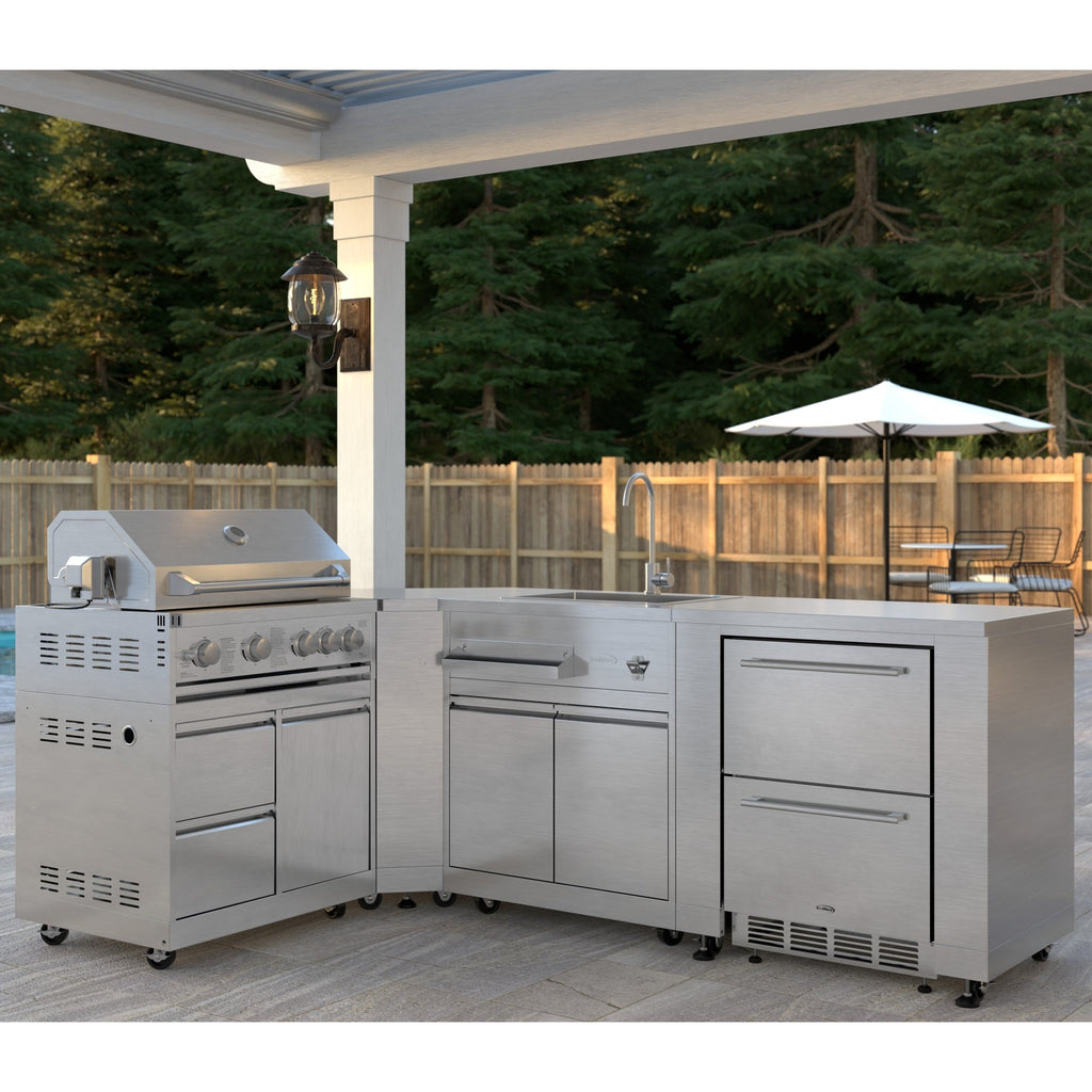 KoolMore Outdoor Kitchen Series Modular Kitchen with a 30 in. BBQ Grill And Grill Cabinet, Corner Cabinet, Sink, Refrigerator and Cabinet in Stainless-Steel
