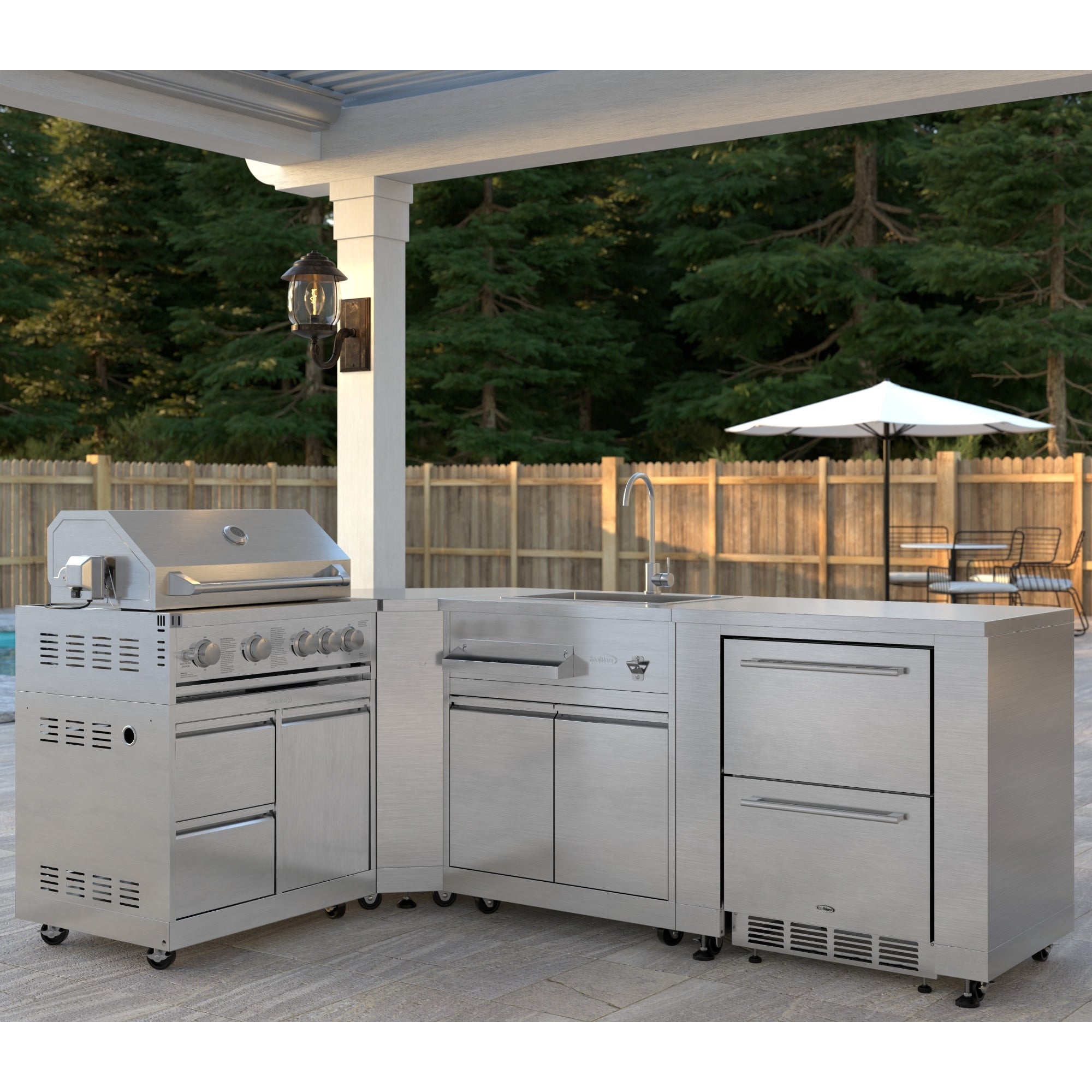 KoolMore Outdoor Kitchen Series Modular Kitchen with a 30 in. BBQ Grill And Grill Cabinet, Corner Cabinet, Sink, Refrigerator and Cabinet in Stainless-Steel
