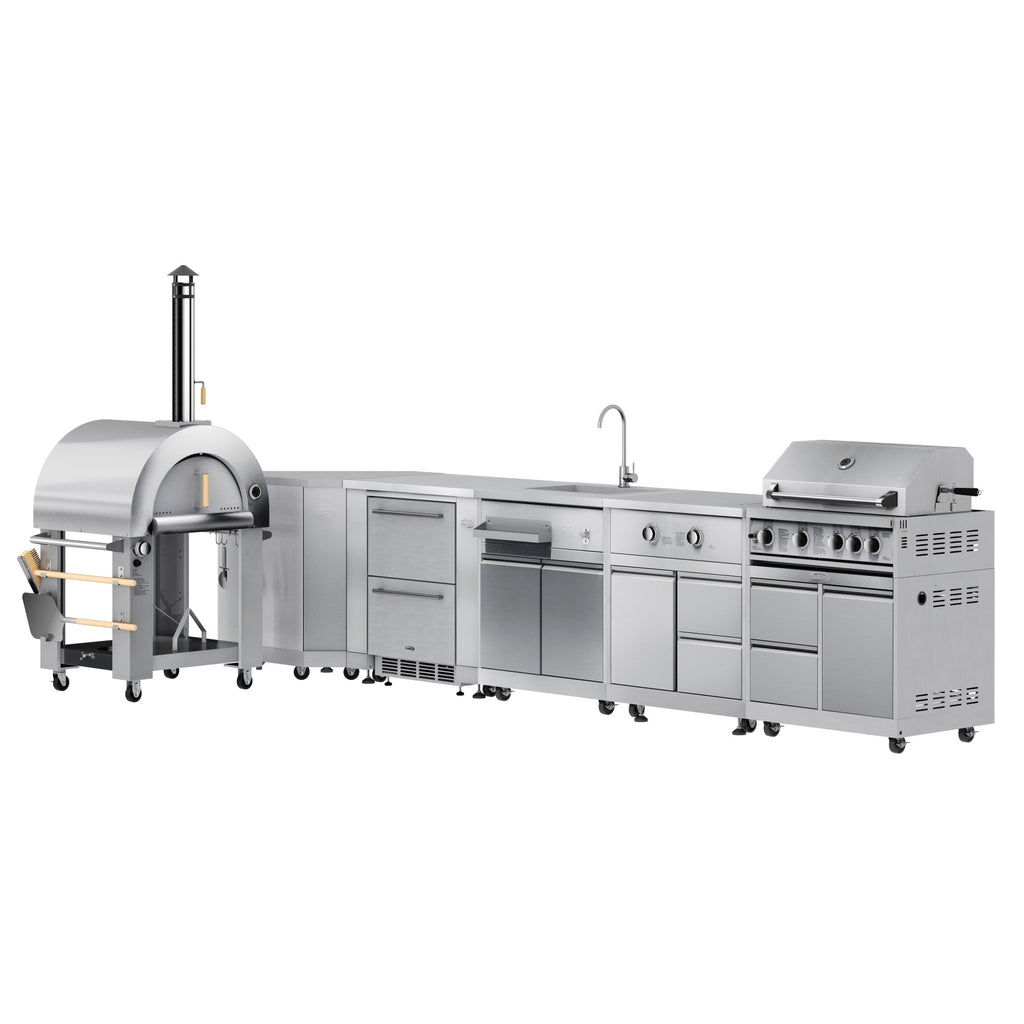 KoolMore Outdoor Kitchen Series Modular Kitchen with a Dual Fuel Pizza Oven, Corner Cabinet, Refrigerator and Cabinet, Sink, Side Burner and 30 in. BBQ Grill with Cabinet in Stainless-Steel