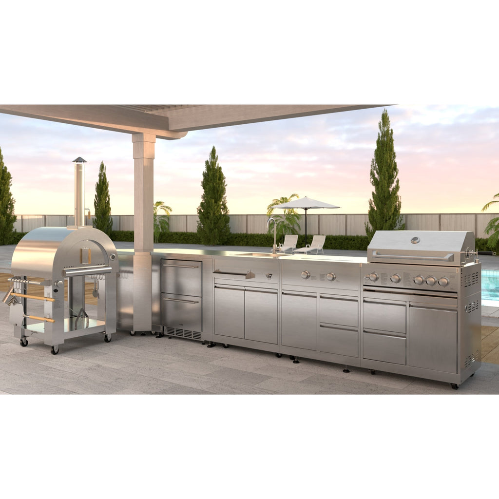 KoolMore Outdoor Kitchen Series Modular Kitchen with a Dual Fuel Pizza Oven, Corner Cabinet, Refrigerator and Cabinet, Sink, Side Burner and 30 in. BBQ Grill with Cabinet in Stainless-Steel