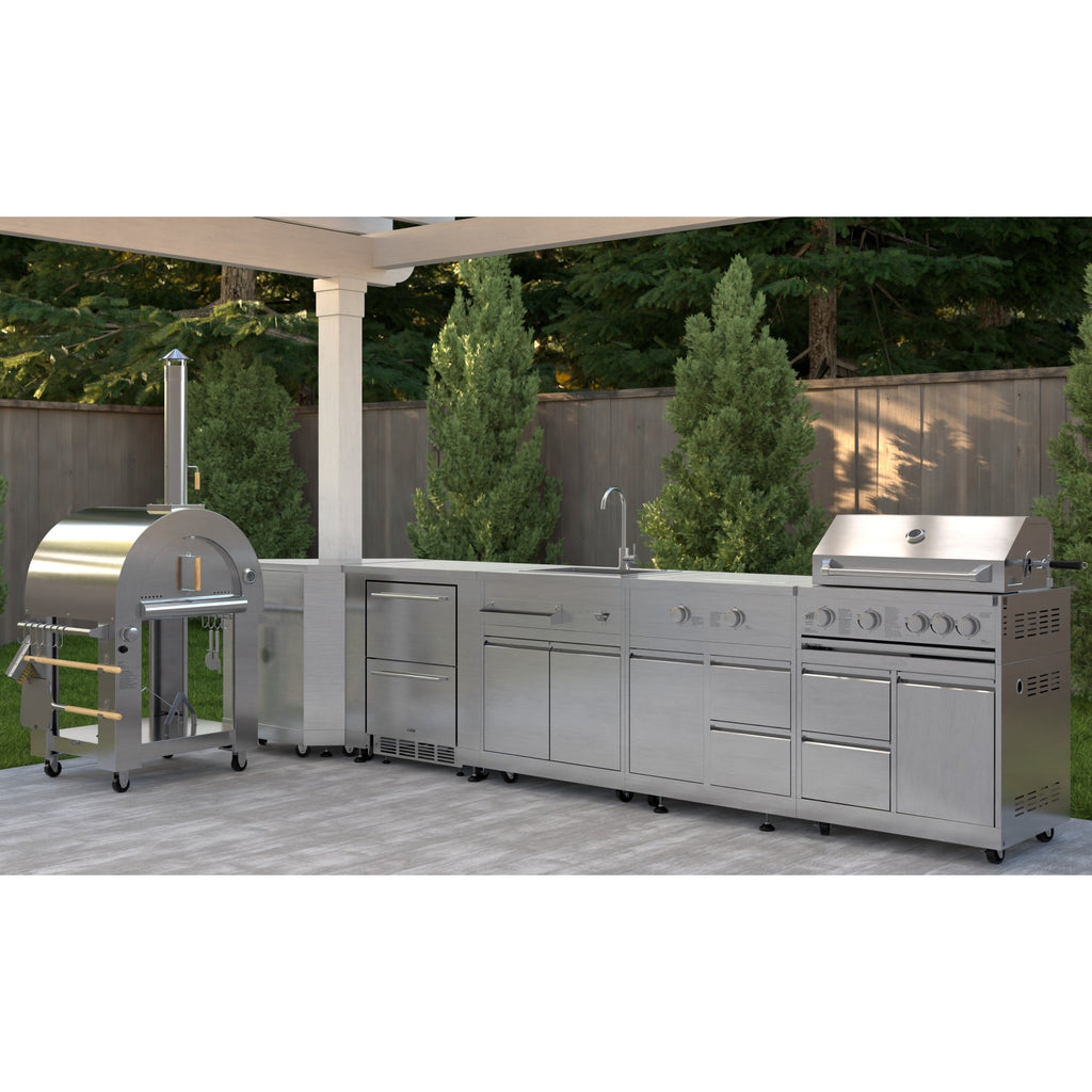 KoolMore Outdoor Kitchen Series Modular Kitchen with a Dual Fuel Pizza Oven, Corner Cabinet, Refrigerator and Cabinet, Sink, Side Burner and 30 in. BBQ Grill with Cabinet in Stainless-Steel