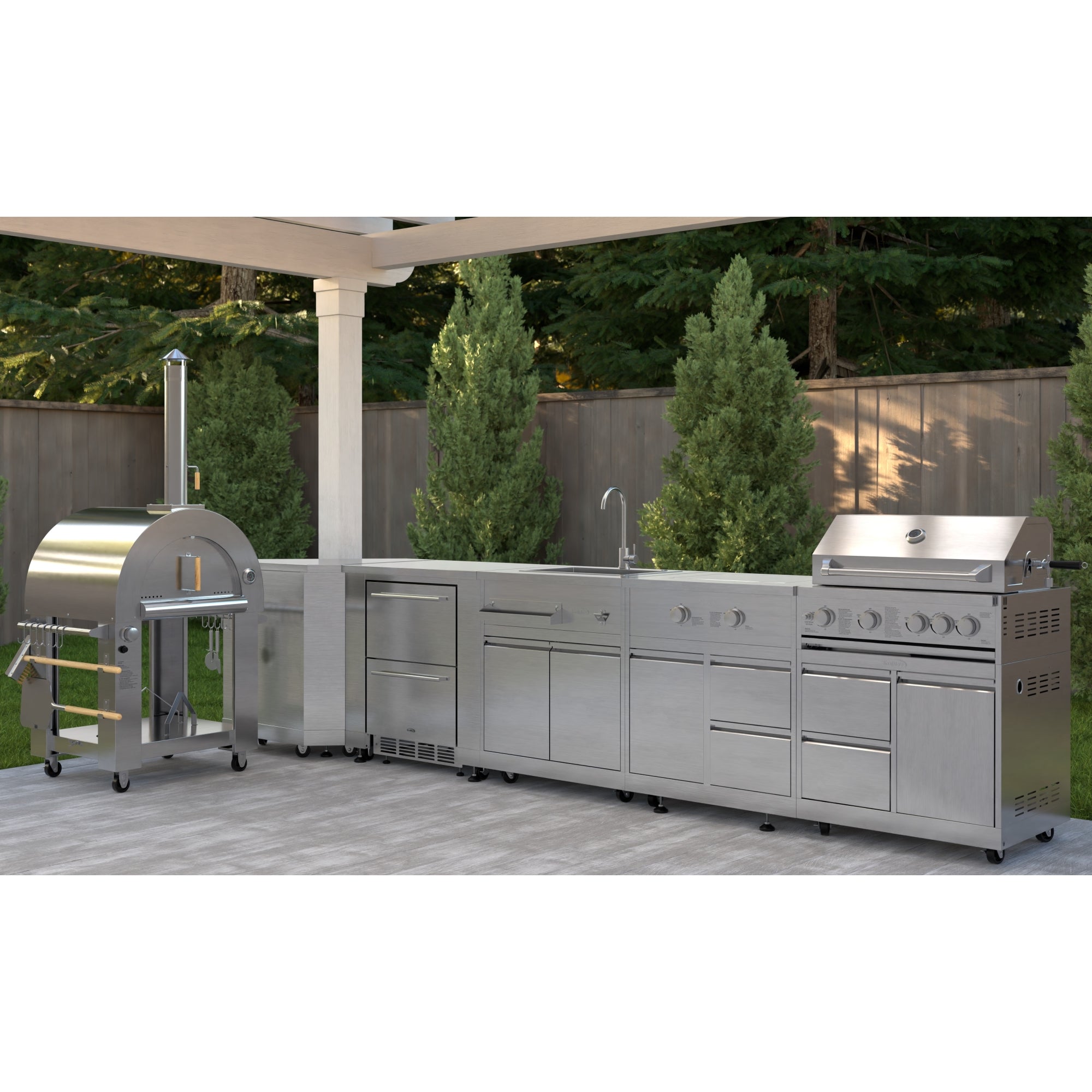 KoolMore Outdoor Kitchen Series Modular Kitchen with a Dual Fuel Pizza Oven, Corner Cabinet, Refrigerator and Cabinet, Sink, Side Burner and 30 in. BBQ Grill with Cabinet in Stainless-Steel