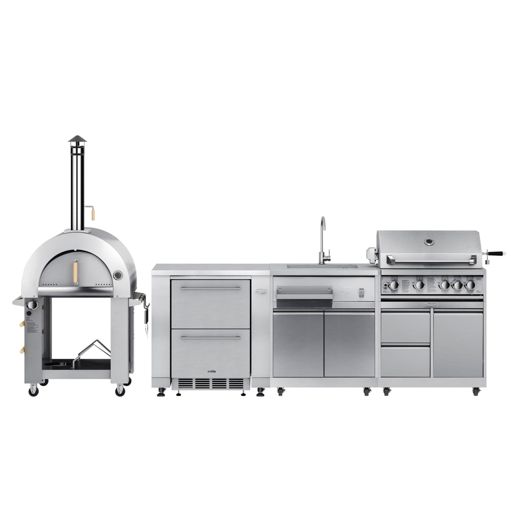 KoolMore Outdoor Kitchen Series Modular Kitchen with a Dual Fuel Pizza Oven, Refrigerator and Cabinet, Double Refrigerator Drawers, Sink and 30 in. BBQ Grill and Cabinet in Stainless-Steel