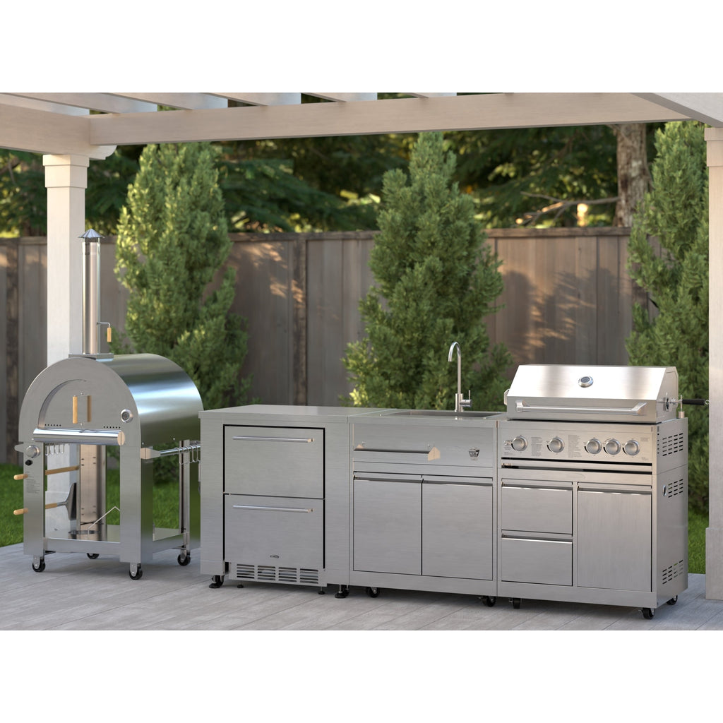 KoolMore Outdoor Kitchen Series Modular Kitchen with a Dual Fuel Pizza Oven, Refrigerator and Cabinet, Double Refrigerator Drawers, Sink and 30 in. BBQ Grill and Cabinet in Stainless-Steel