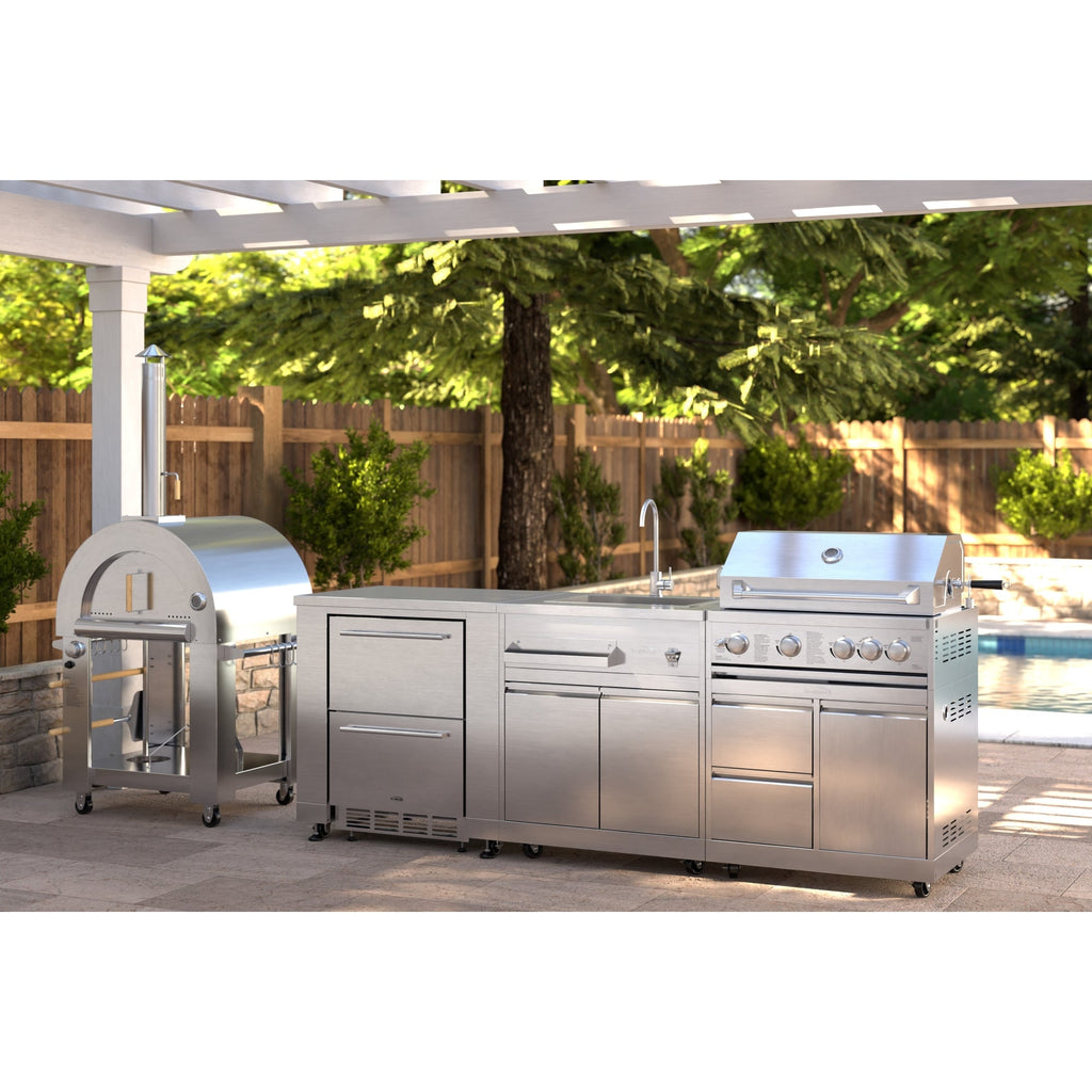KoolMore Outdoor Kitchen Series Modular Kitchen with a Dual Fuel Pizza Oven, Refrigerator and Cabinet, Double Refrigerator Drawers, Sink and 30 in. BBQ Grill and Cabinet in Stainless-Steel