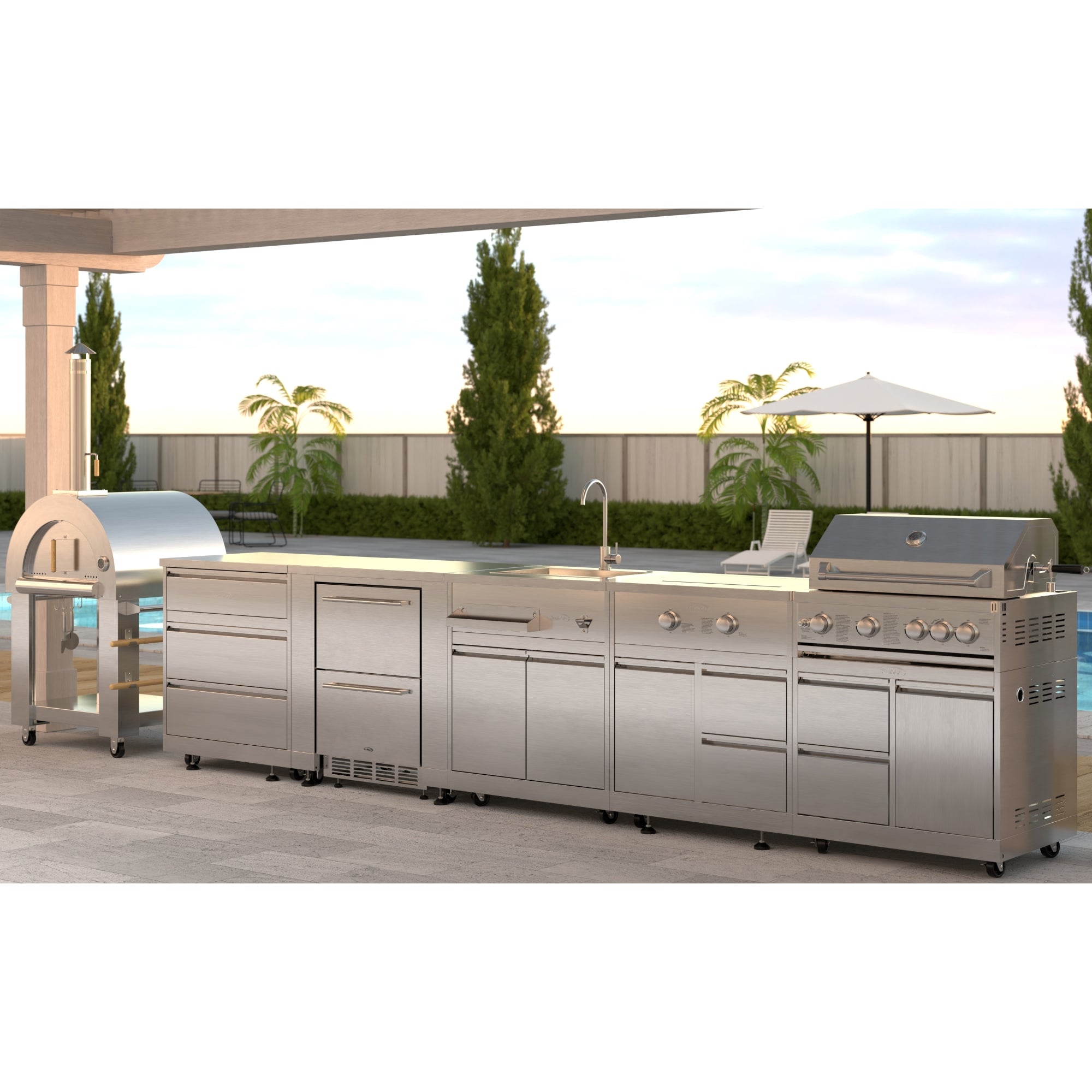 KoolMore Outdoor Kitchen Series Modular Kitchen with a Wood fire Pizza Oven, 3 Drawer Cabinet, Refrigerator Cabinet, Double Refrigerator Drawers, Sink, Side Burner and a 30 in. BBQ Grill with Cabinet in Stainless-Steel