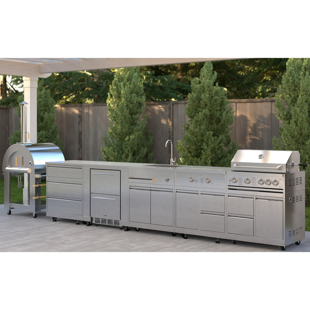 KoolMore Outdoor Kitchen Series Modular Kitchen with a Wood fire Pizza Oven, 3 Drawer Cabinet, Refrigerator Cabinet, Double Refrigerator Drawers, Sink, Side Burner and a 30 in. BBQ Grill with Cabinet in Stainless-Steel
