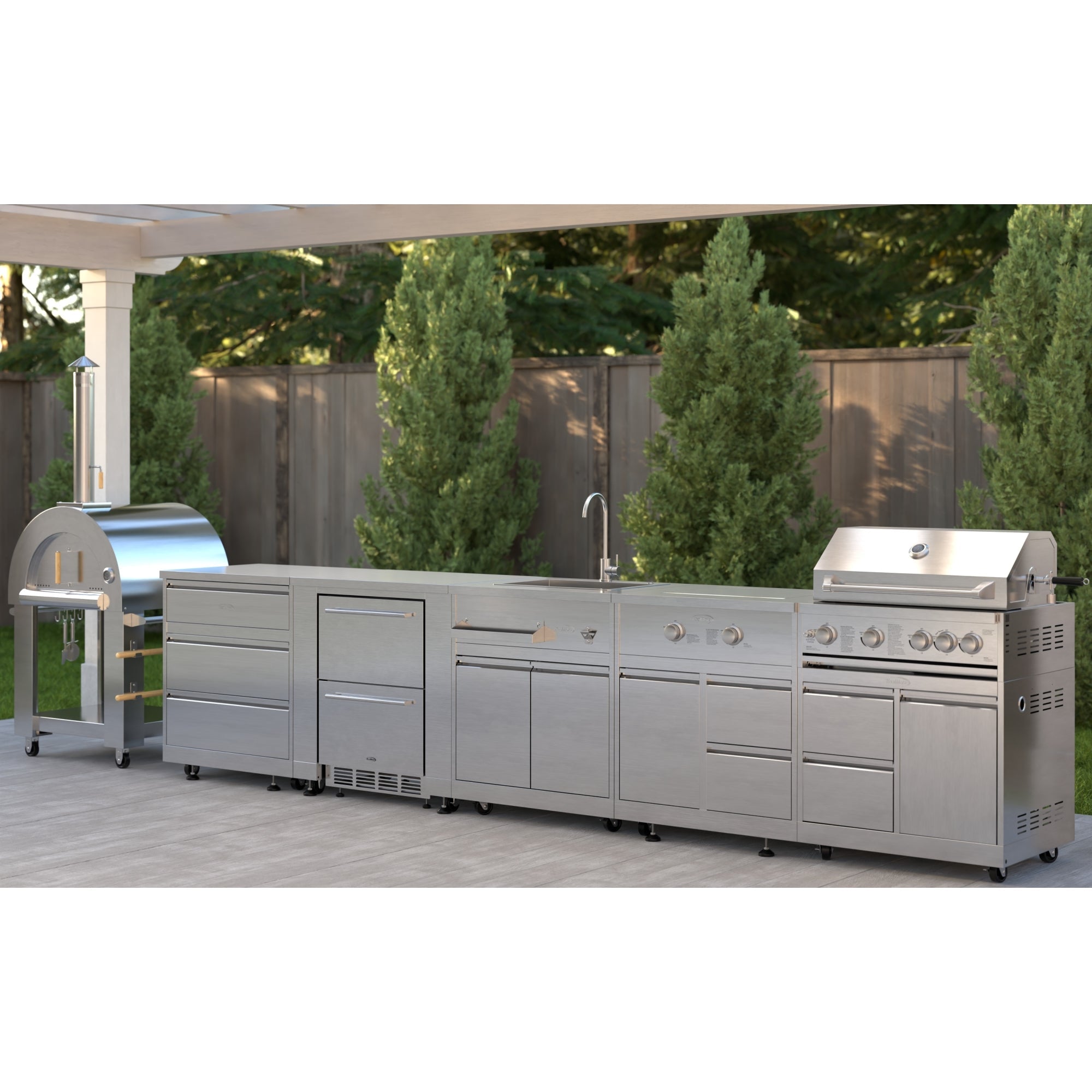 KoolMore Outdoor Kitchen Series Modular Kitchen with a Wood fire Pizza Oven, 3 Drawer Cabinet, Refrigerator Cabinet, Double Refrigerator Drawers, Sink, Side Burner and a 30 in. BBQ Grill with Cabinet in Stainless-Steel