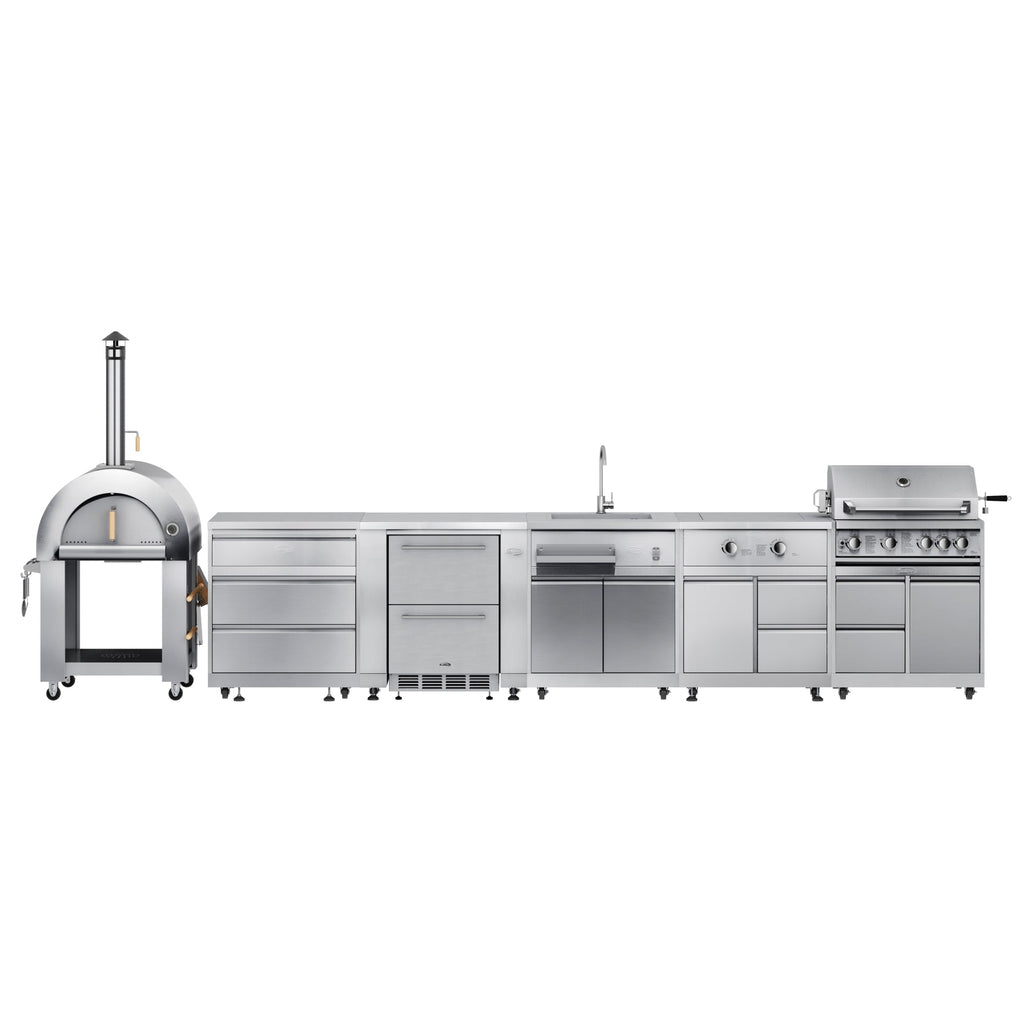KoolMore Outdoor Kitchen Series Modular Kitchen with a Wood fire Pizza Oven, 3 Drawer Cabinet, Refrigerator Cabinet, Double Refrigerator Drawers, Sink, Side Burner and a 30 in. BBQ Grill with Cabinet in Stainless-Steel