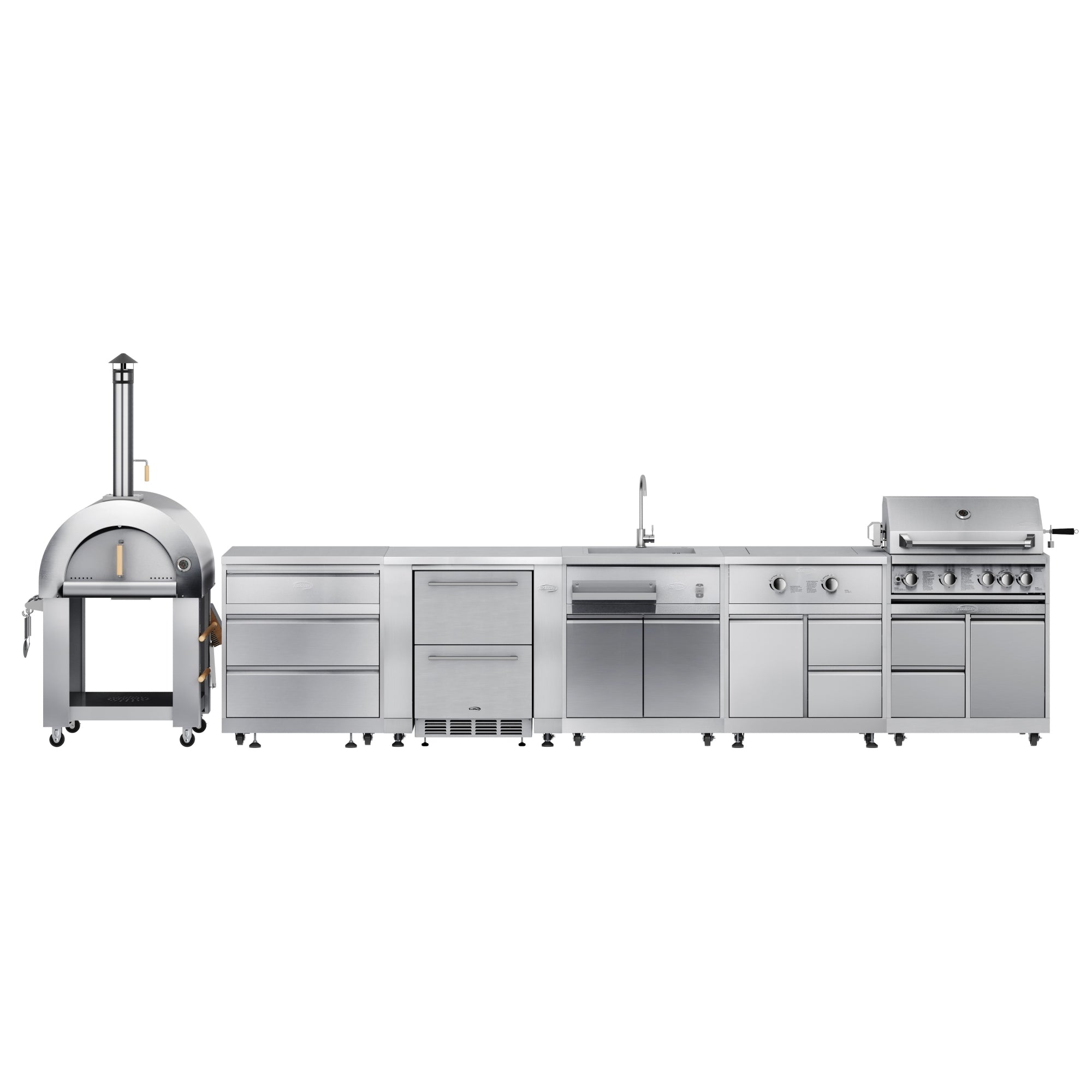 KoolMore Outdoor Kitchen Series Modular Kitchen with a Wood fire Pizza Oven, 3 Drawer Cabinet, Refrigerator Cabinet, Double Refrigerator Drawers, Sink, Side Burner and a 30 in. BBQ Grill with Cabinet in Stainless-Steel