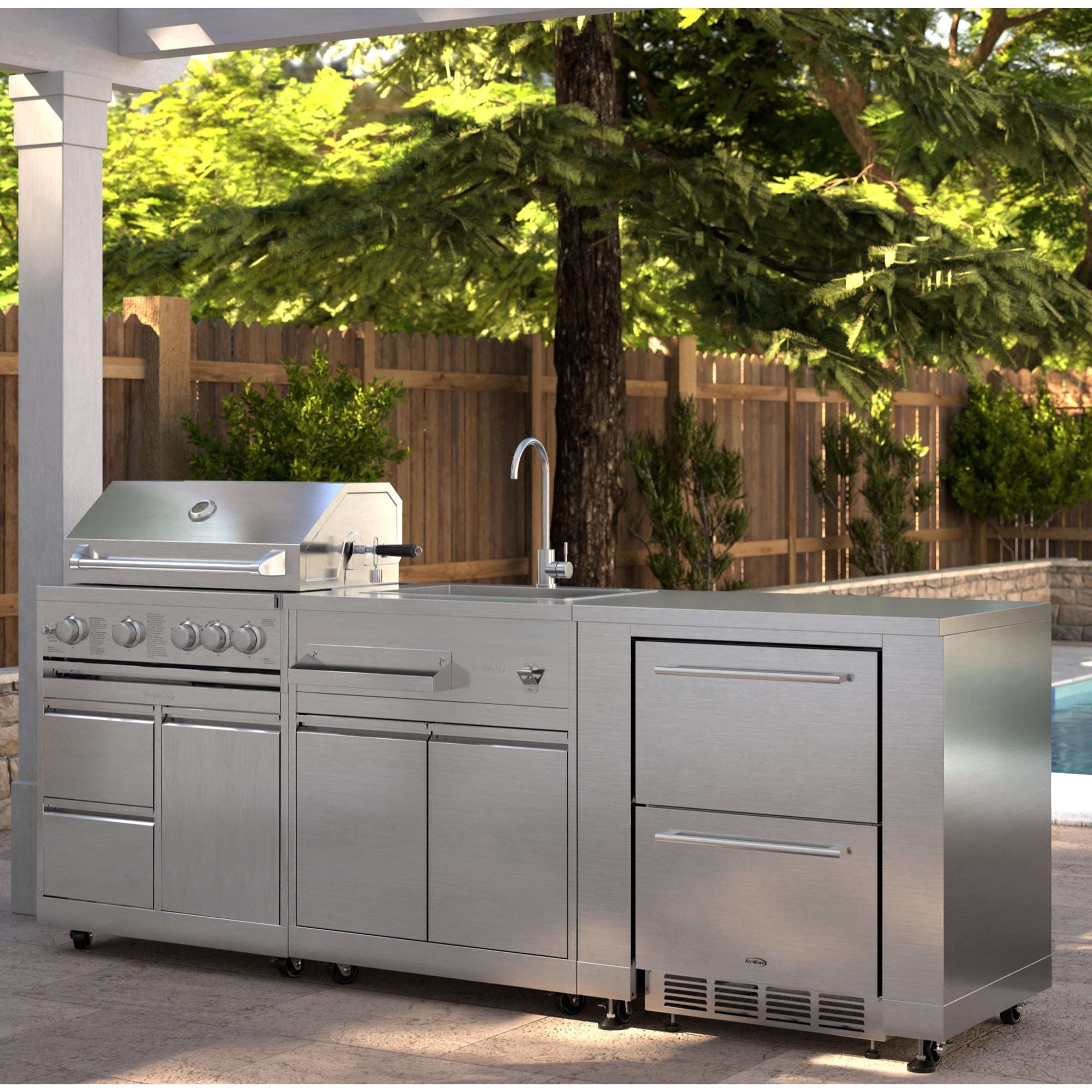 KoolMore Outdoor Kitchen Series Modular Kitchen with a 30 in. BBQ Grill And Grill Cabinet, Sink, Refrigerator and Cabinet in Stainless-Steel