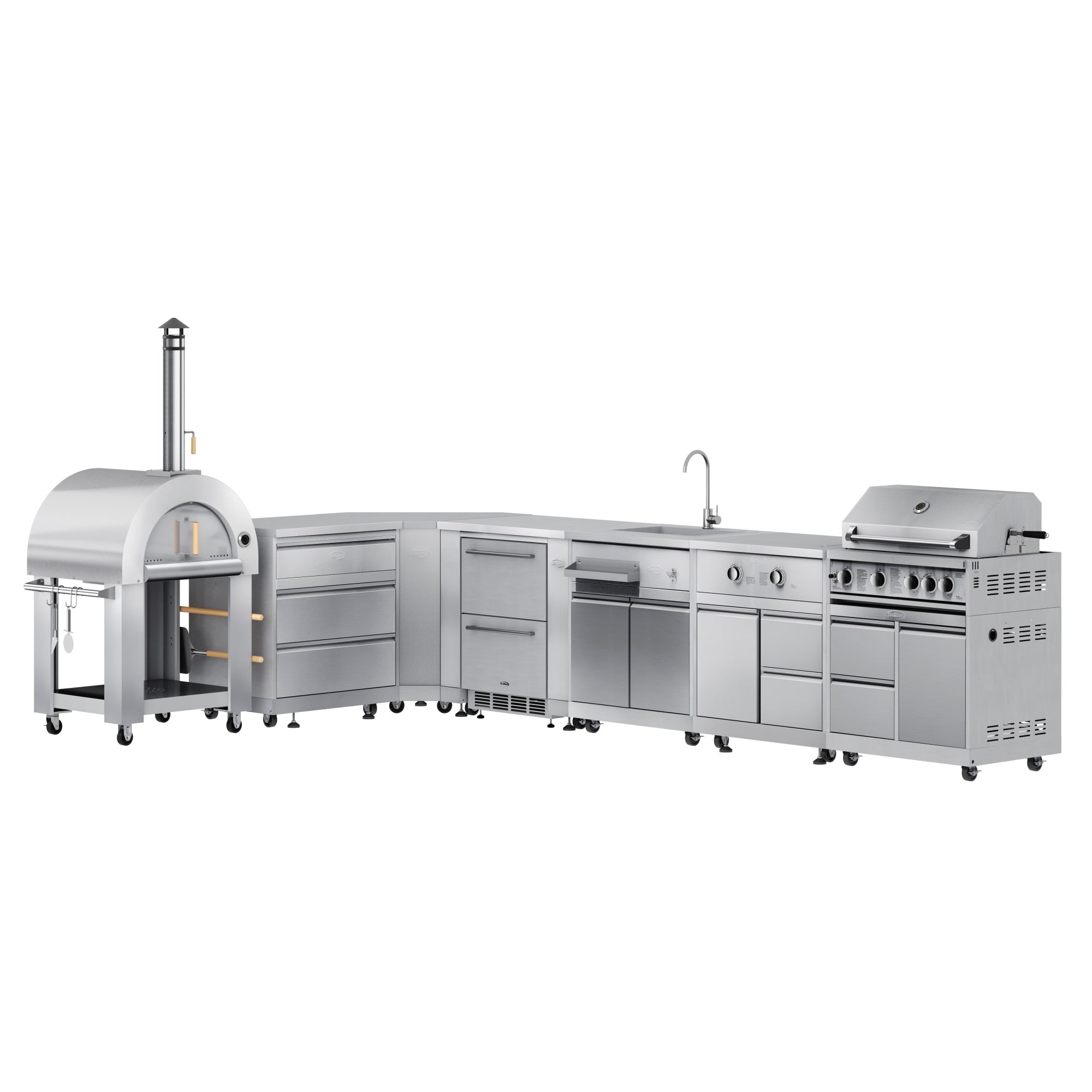KoolMore Outdoor Kitchen Series Modular Kitchen with a Wood fire Pizza Oven, 3 Drawer Cabinet, Corner Cabinet, Double Refrigerator Drawers with Cabinet, Sink, Side Burner and 30 in. BBQ Grill and Cabinet in Stainless-Steel