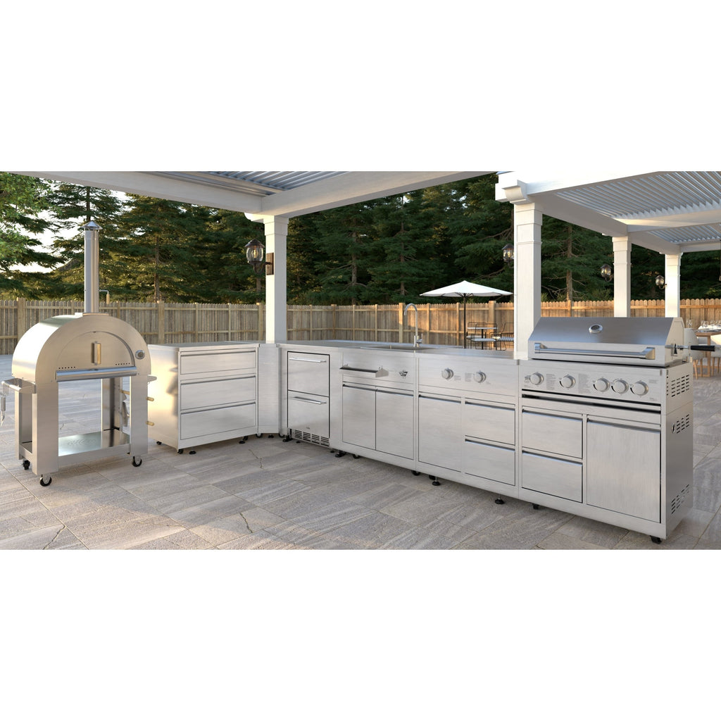 KoolMore Outdoor Kitchen Series Modular Kitchen with a Wood fire Pizza Oven, 3 Drawer Cabinet, Corner Cabinet, Double Refrigerator Drawers with Cabinet, Sink, Side Burner and 30 in. BBQ Grill and Cabinet in Stainless-Steel