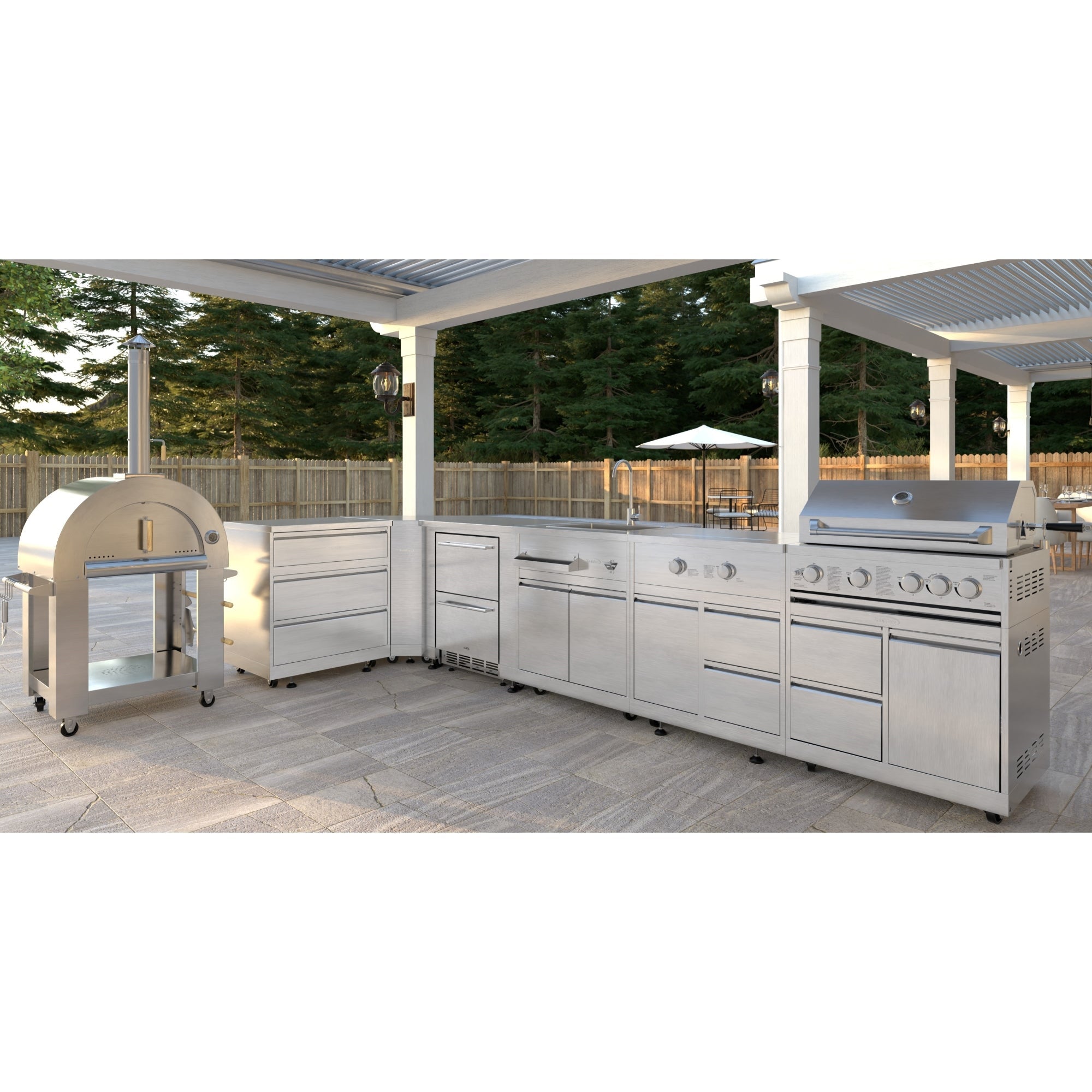 KoolMore Outdoor Kitchen Series Modular Kitchen with a Wood fire Pizza Oven, 3 Drawer Cabinet, Corner Cabinet, Double Refrigerator Drawers with Cabinet, Sink, Side Burner and 30 in. BBQ Grill and Cabinet in Stainless-Steel