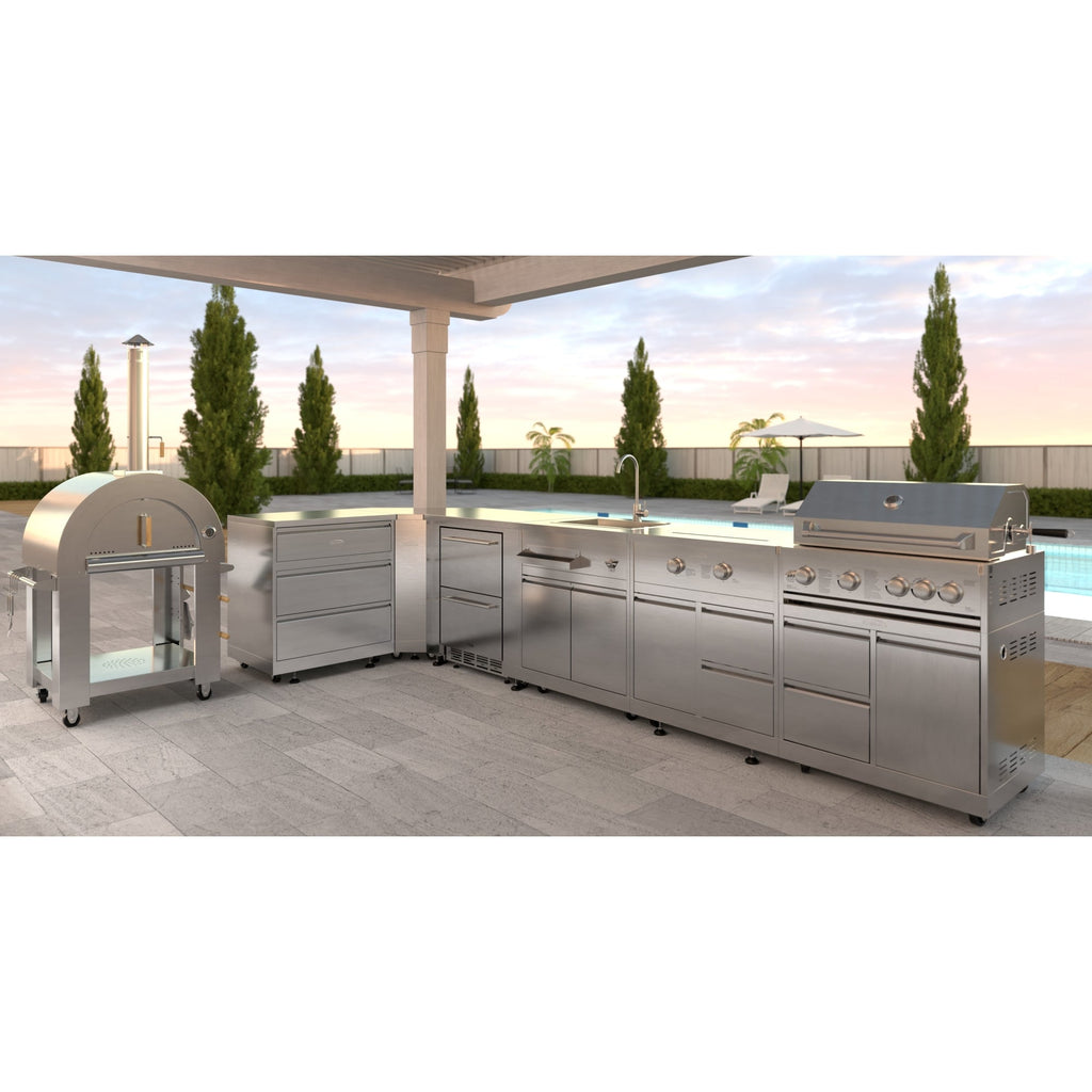 KoolMore Outdoor Kitchen Series Modular Kitchen with a Wood fire Pizza Oven, 3 Drawer Cabinet, Corner Cabinet, Double Refrigerator Drawers with Cabinet, Sink, Side Burner and 30 in. BBQ Grill and Cabinet in Stainless-Steel