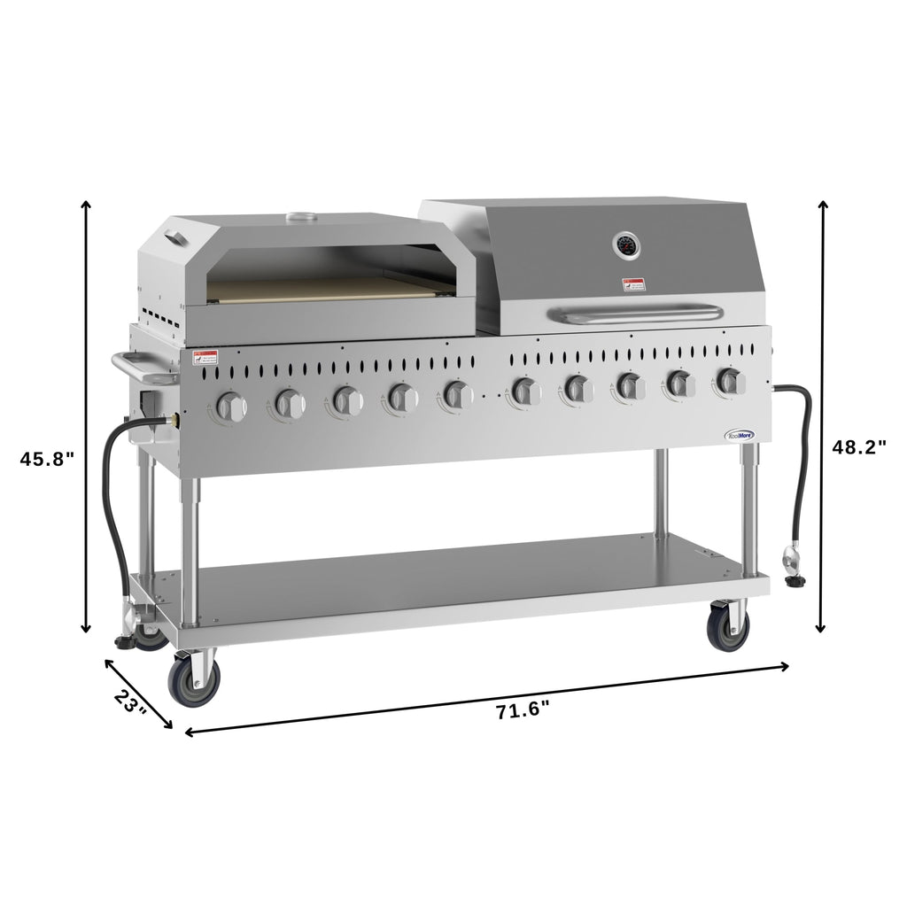 72 in. Commercial Outdoor Propane Gas Grill with 36 in. Roll Dome Cover and 36 in. Pizza Oven in Stainless-Steel, ETL Listed